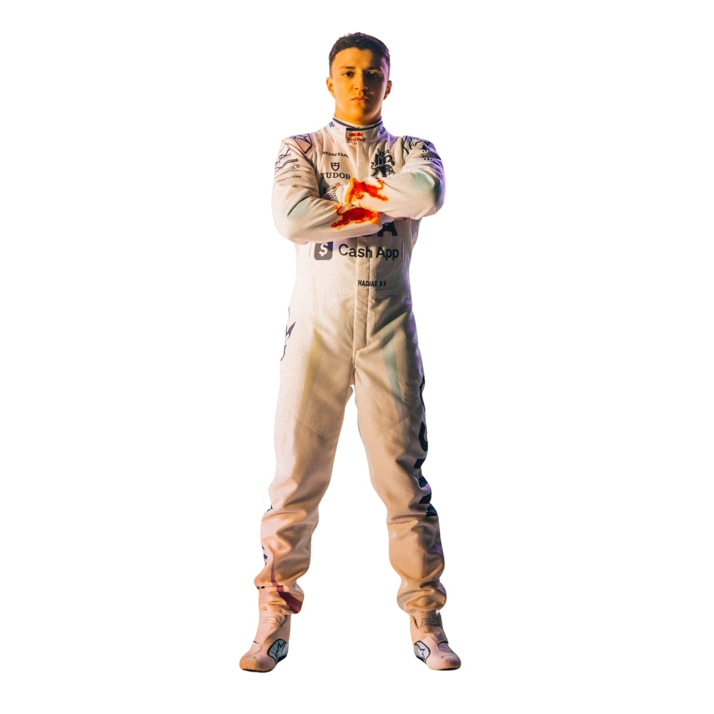 Isack Posing Confidently wearing a las vegas 2025 white racing suit with sponsor logos on a white background