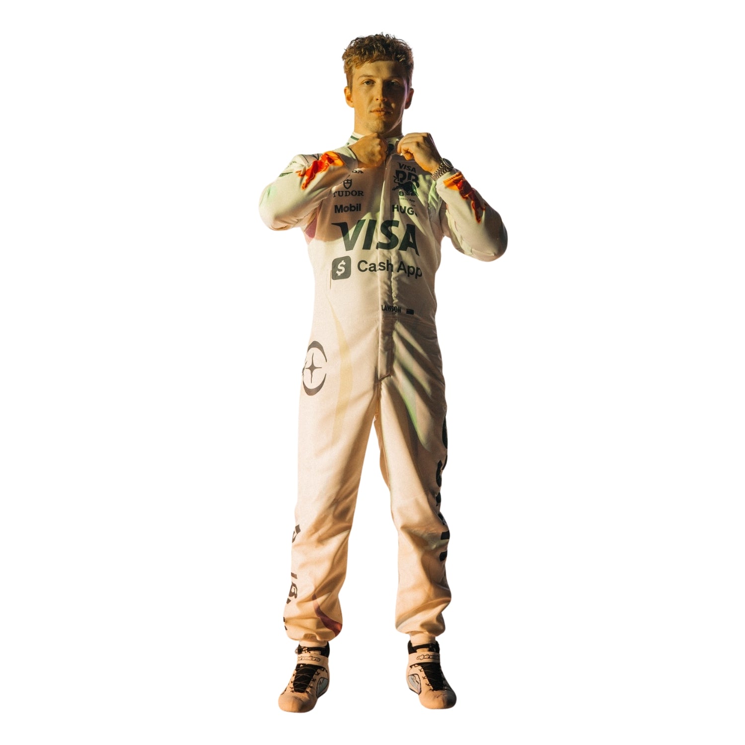 Liam Posing wearing a l2025 Las Vegas gp white racing suit with sponsor logos on a white background
