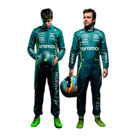 Front view of the 2025 F1 racing costume worn by Fernando Alonso and Lance Stroll, showcasing British racing green with neon lime accents, breathable paneling, and detailed sponsor placements.