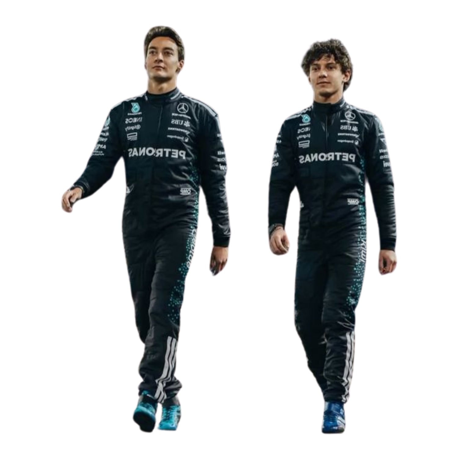 Front view of 2025 F1 racing costume worn by George Russell and Andrea Kimi Antonelli, showcasing modern panel cuts, sleek airflow contours, and sponsor branding with black and silver tones.