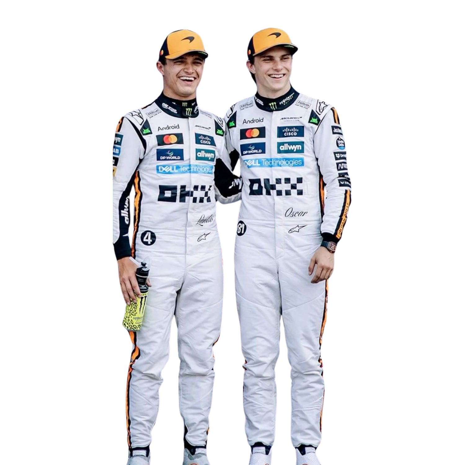 Front view of the 2025 Monaco GP white race suit worn by Lando Norris and Oscar Piastri, featuring classic black number in circle on a retro-inspired all-white base.