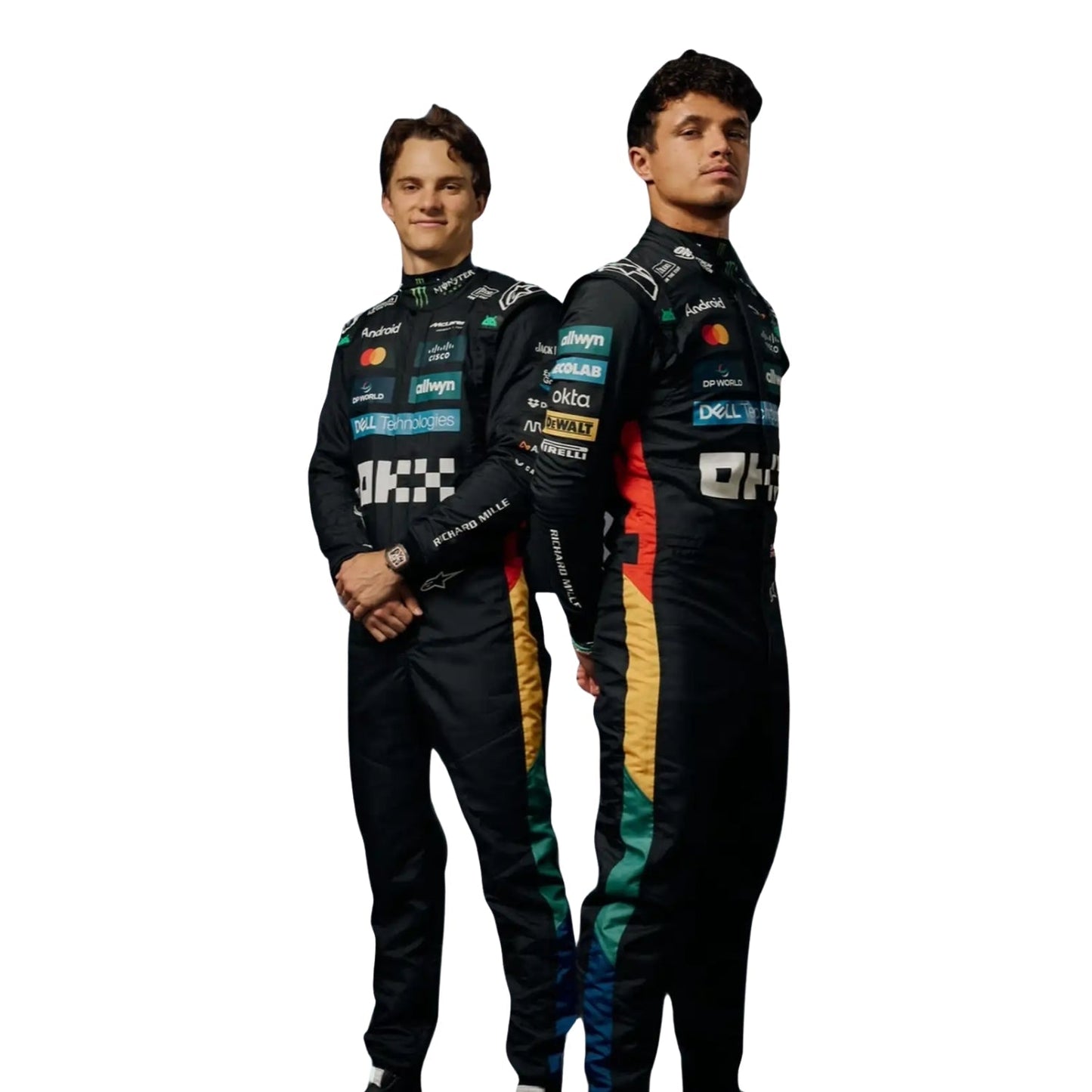 Lando Norris and Oscar Piastri 2025 Silverstone British GP Black F1 racing suits front view with blue highlights