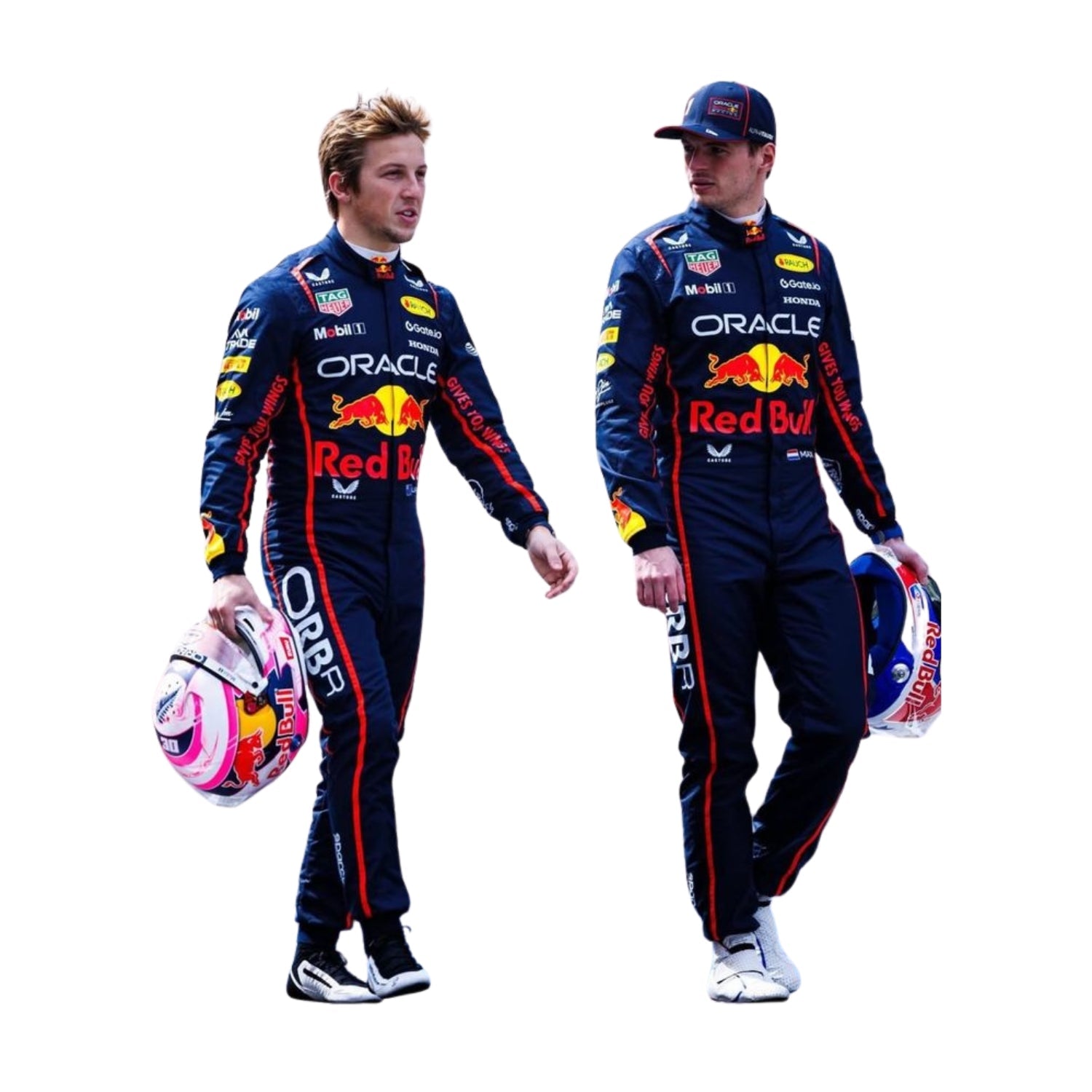 Front view of 2025 F1 racing costume worn by Max Verstappen and Liam Lawson featuring aggressive contour lines, dynamic stretch zones, and precision sponsor placement in deep navy and crimson tones.