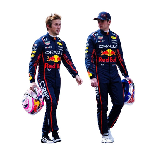 Front view of 2025 F1 racing costume worn by Max Verstappen and Liam Lawson featuring aggressive contour lines, dynamic stretch zones, and precision sponsor placement in deep navy and crimson tones.