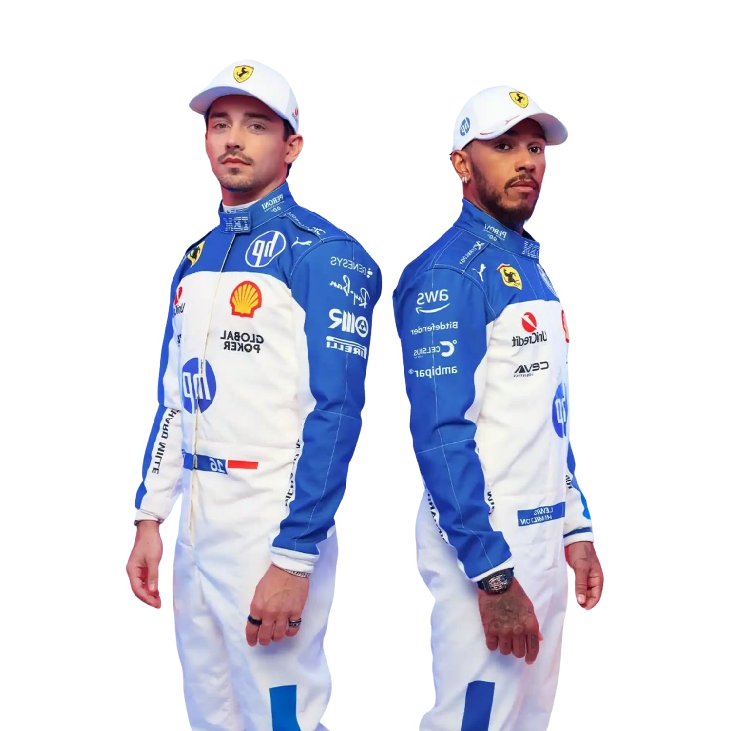Front view of the 2025 Miami GP F1 racing costume worn by Charles Leclerc and Lewis Hamilton, showcasing vibrant turquoise and black accents, aerodynamic tailoring, and detailed sponsorship placement.
