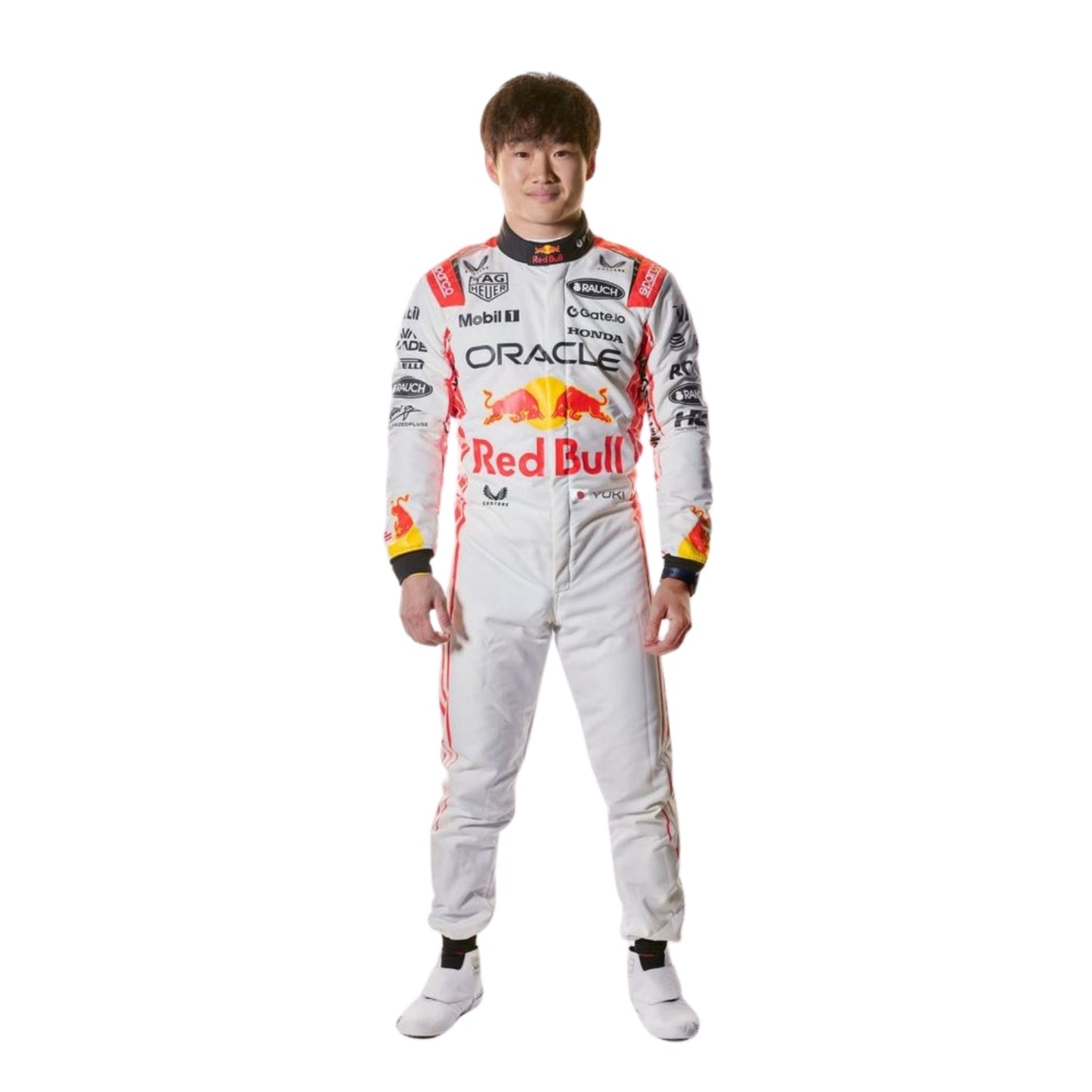 Side profile of Yuki Tsunoda's 2025 race suit, emphasizing the aerodynamic fit and the integration of blue and green elements on a white base.