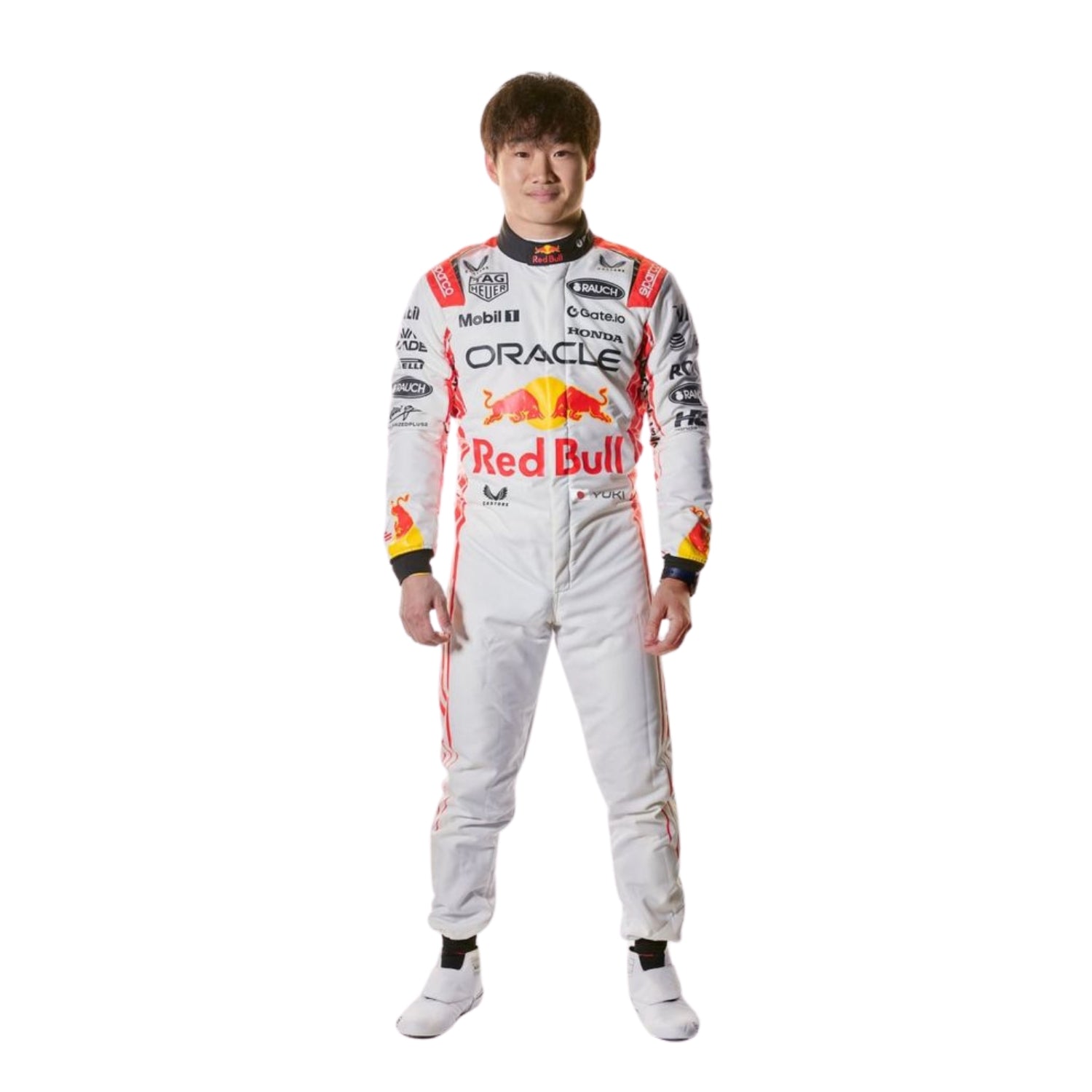 Side profile of Yuki Tsunoda's 2025 race suit, emphasizing the aerodynamic fit and the integration of blue and green elements on a white base.