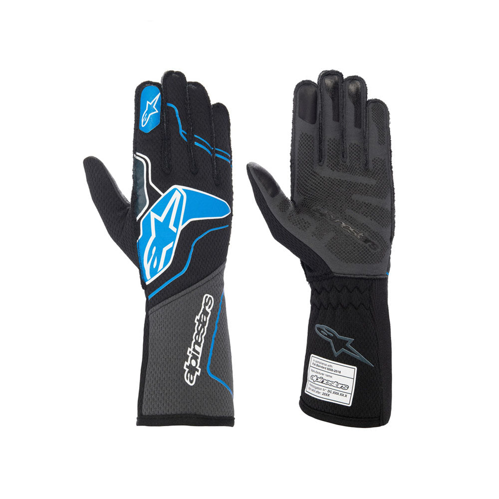 Black and blue ALPINESTARS TECH-1 ZX V2-CYBUL racing gloves with brand logo on a white background