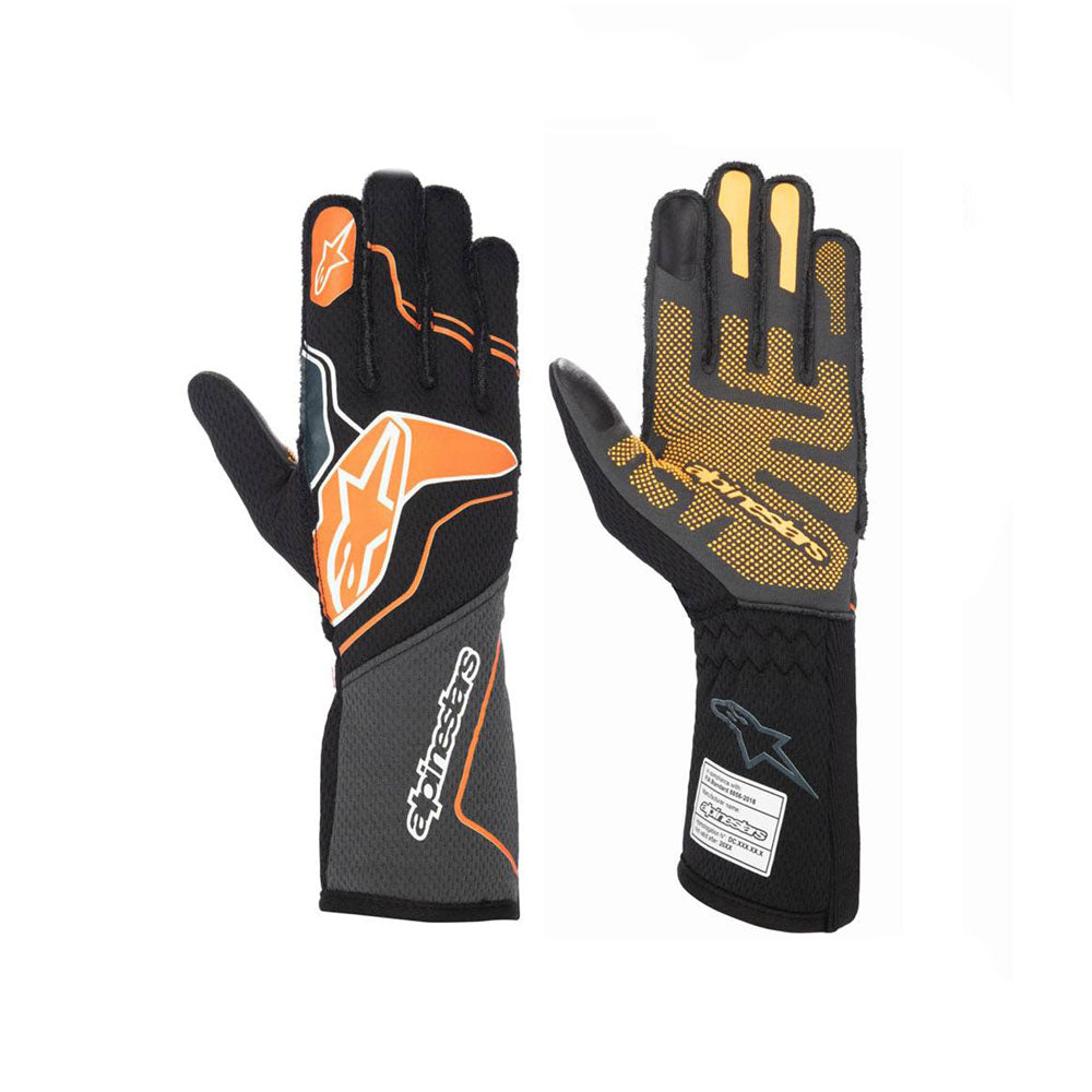 Pair of ALPINESTARS TECH-1 ZX V2-CYBUL gloves with black, gray, and orange design on a white background
