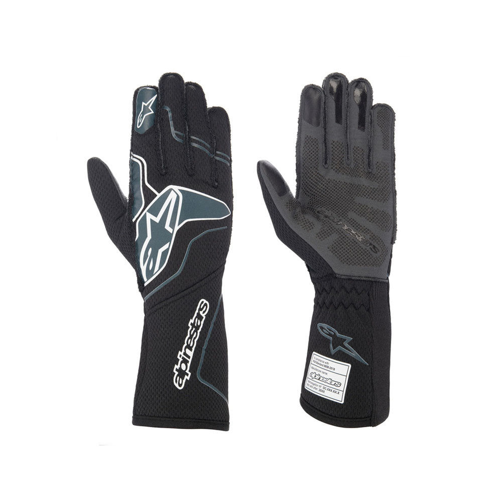 Black ALPINESTARS TECH-1 ZX V2-CYBUL racing gloves with brand logo on a white background