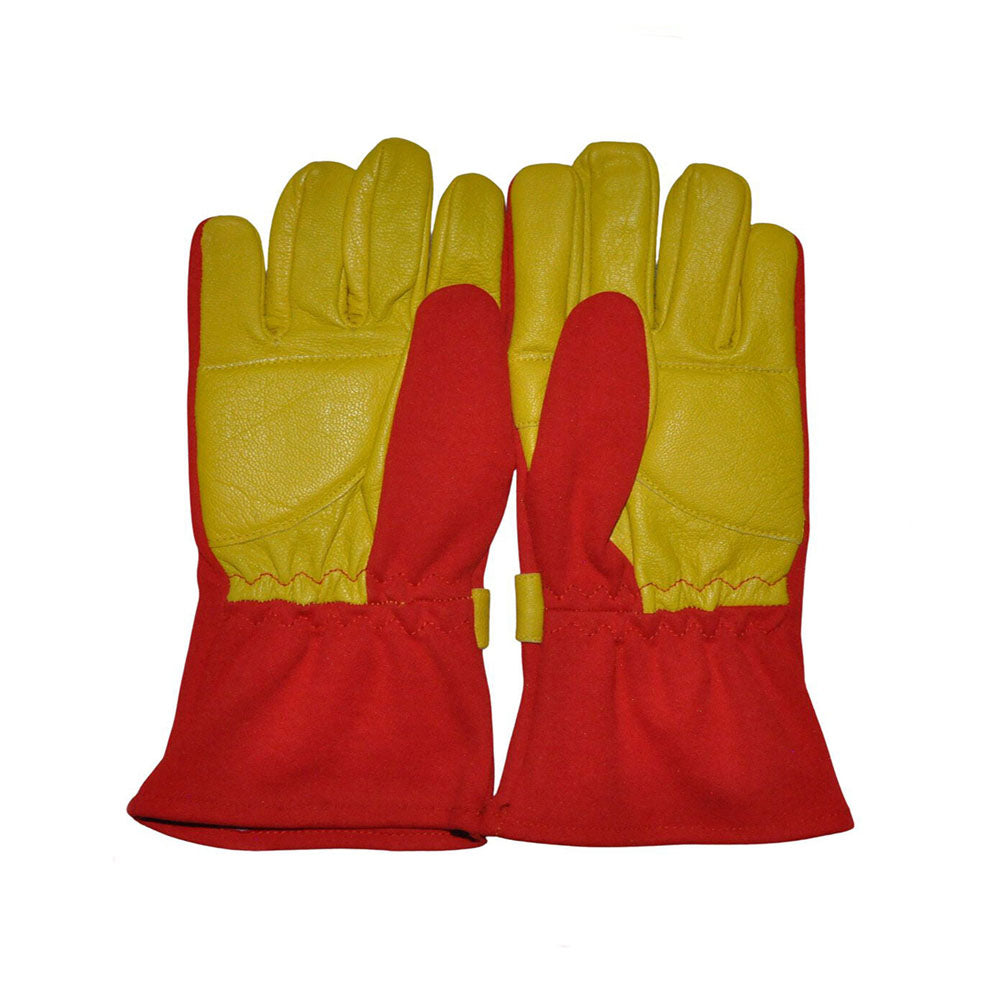 Pair of red and yellow Alain Prost 1990 F1 Racing gloves on a white background
