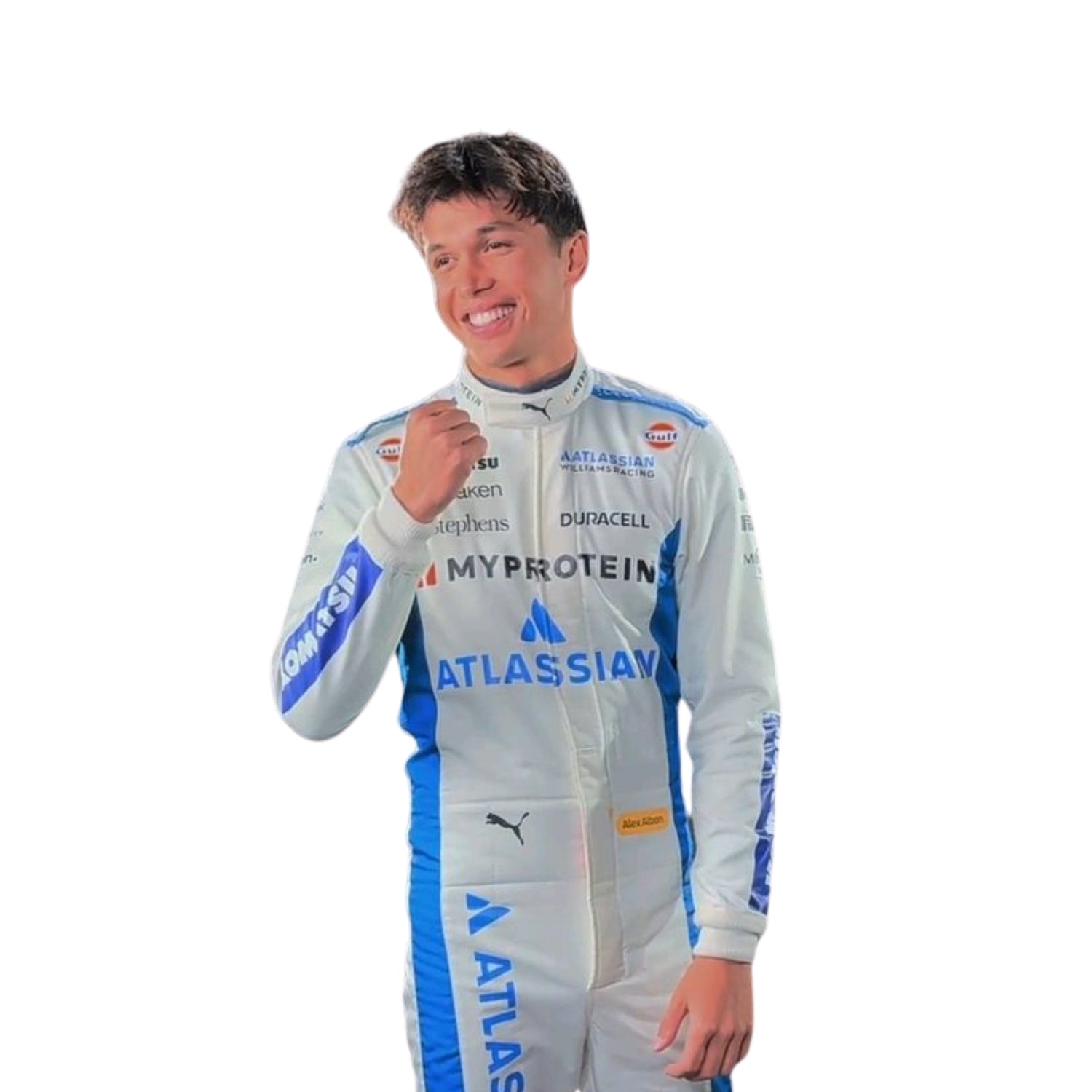 Close-up of Alex Albon's 2025 Formula 1 racing suit material, illustrating the high-quality fabric texture and the precision of the stitching against the white and blue background