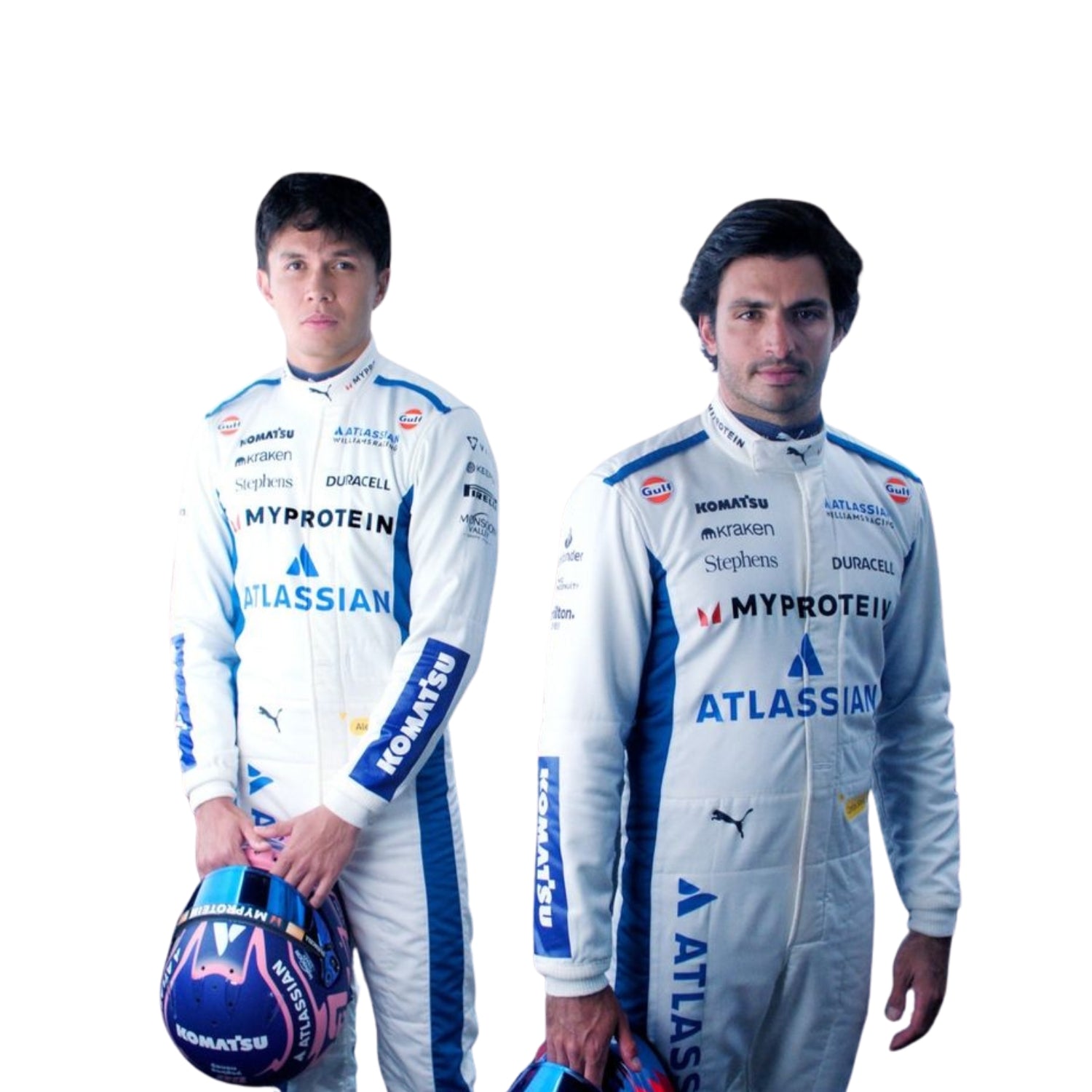 Alex Albon standing confidently in his 2025 Formula 1 racing suit, front view showcasing a crisp white base with deep blue accents on the shoulders and sides, featuring logos such as MyProtein, Duracell, Komatsu, and Atlassian, along with his race number 23 and the Thai flag.