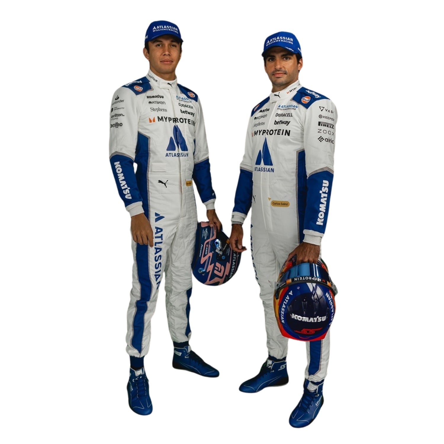 Two individuals in racing suits with various sponsor logos on a white background holding helmets
