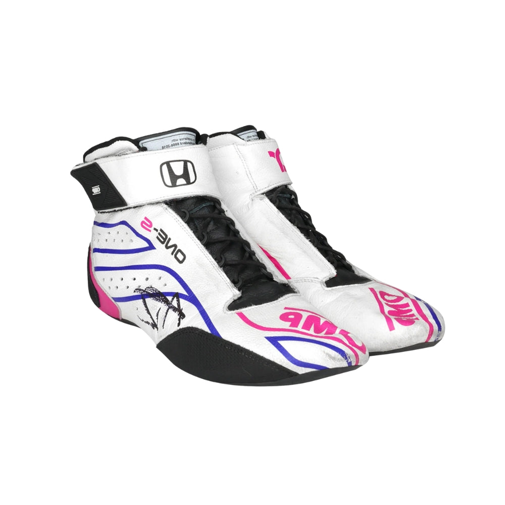 White Alexander Rossi 2022 Gallagher Grand Prix Race Winning F1 Racing boots with black, purple, and pink accents on a white background