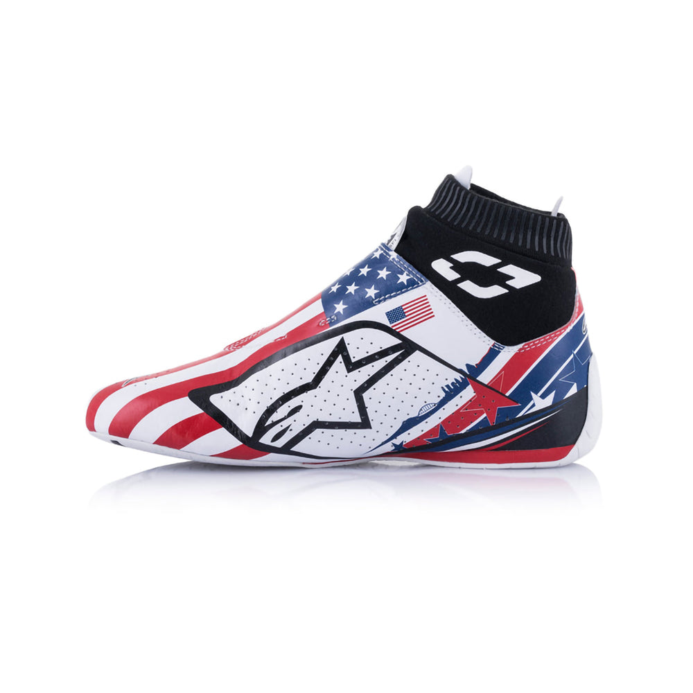 Alpinestars Supermono v2 Grand Prix Racing Shoe with American flag design and brand logo on a white background