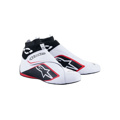 White high-top Alpinestars Supermono v2 racing sneakers with black and red accents on a white background