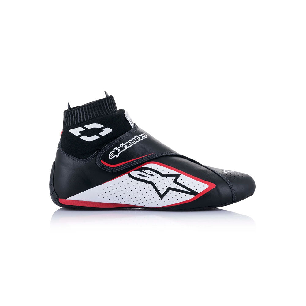 Black and red Alpinestars Supermono v2 racing shoe with branding on a white background