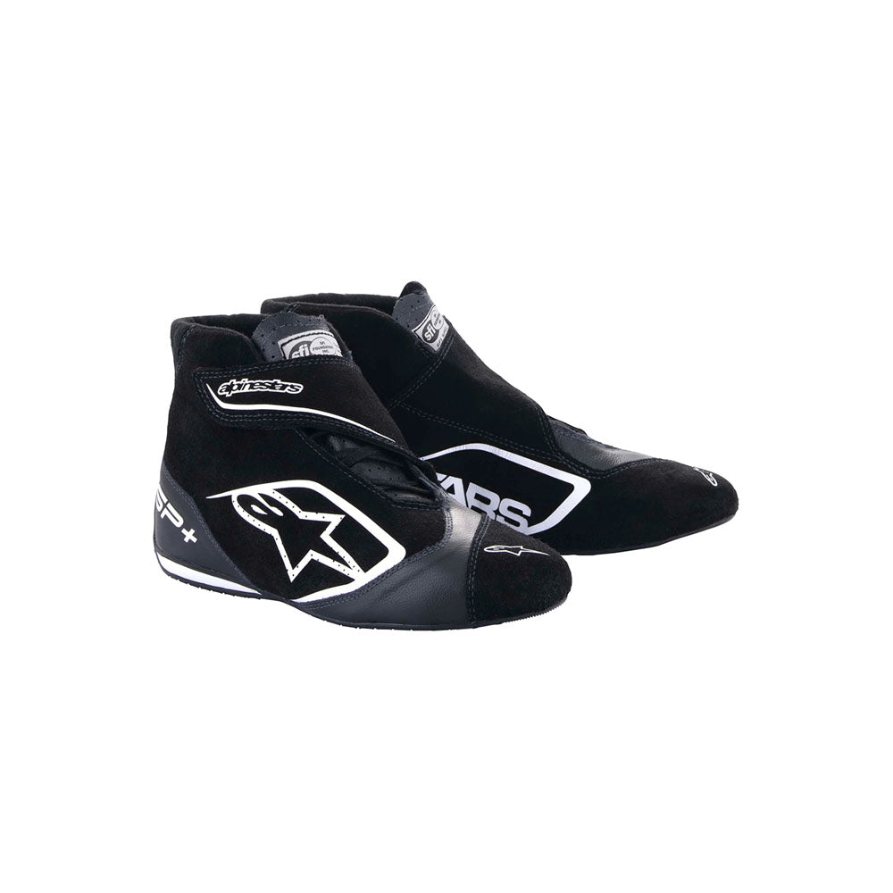 Black Alpinestars Supermono v2 racing shoes with white logo on a white background