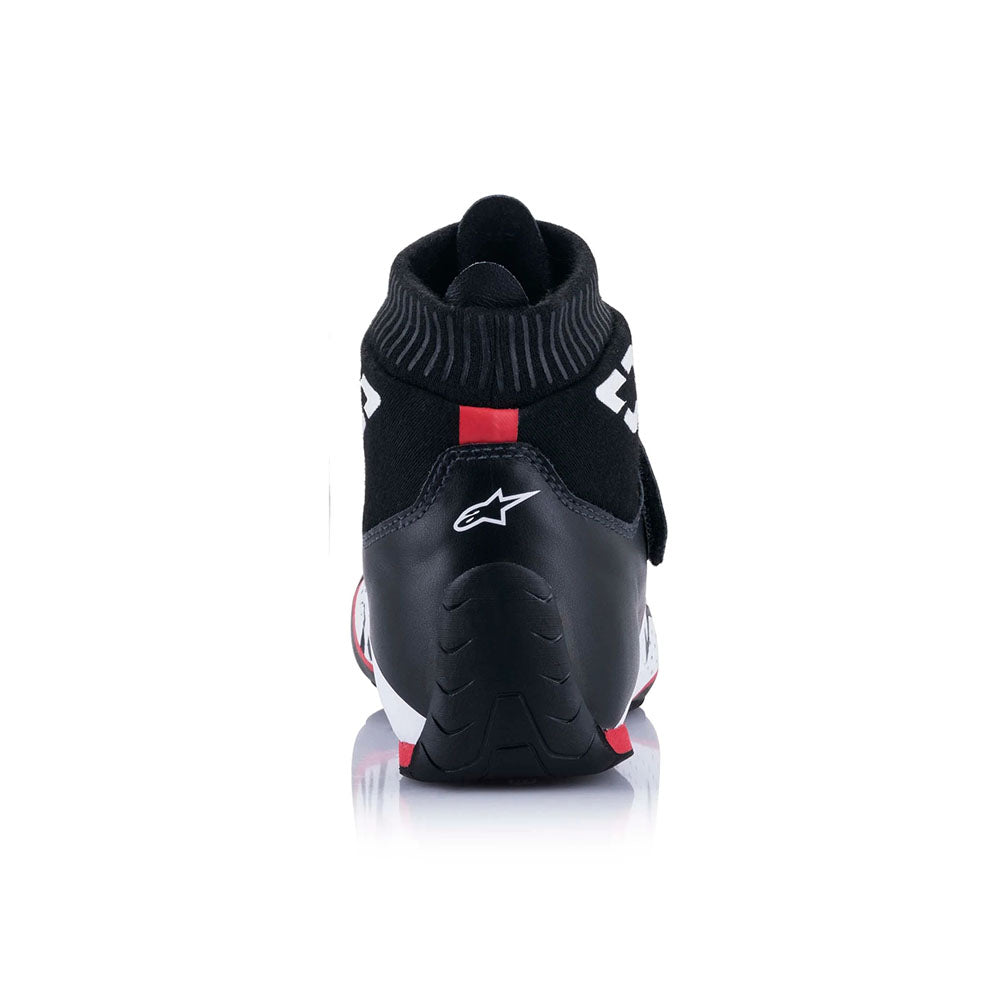 Black and red Alpinestars Supermono v2 racing shoes with a brand logo on a white background