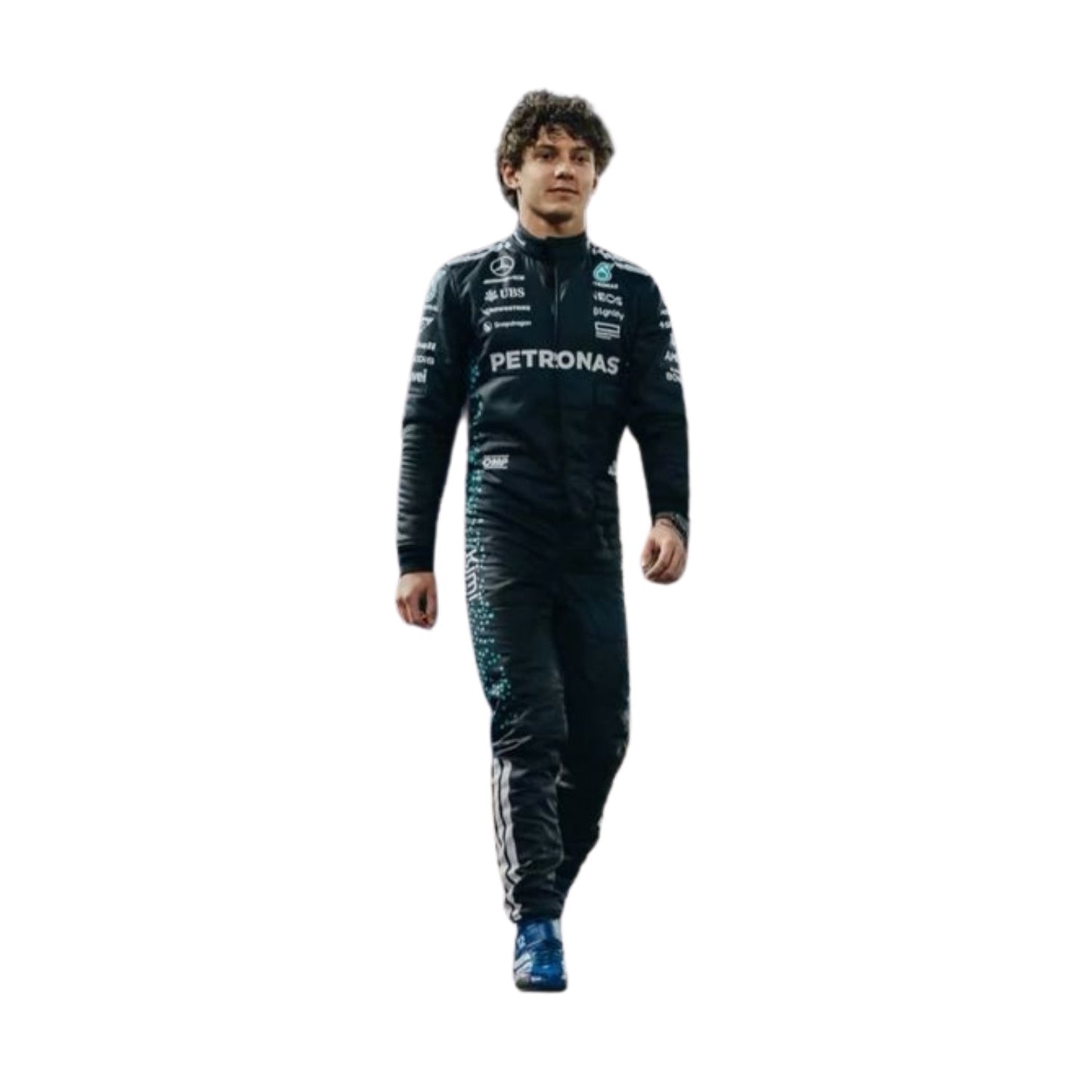 Front view of 2025 F1 racing costume worn by Andrea Kimi Antonelli, showcasing modern panel cuts, sleek airflow contours, and sponsor branding with black and silver tones.