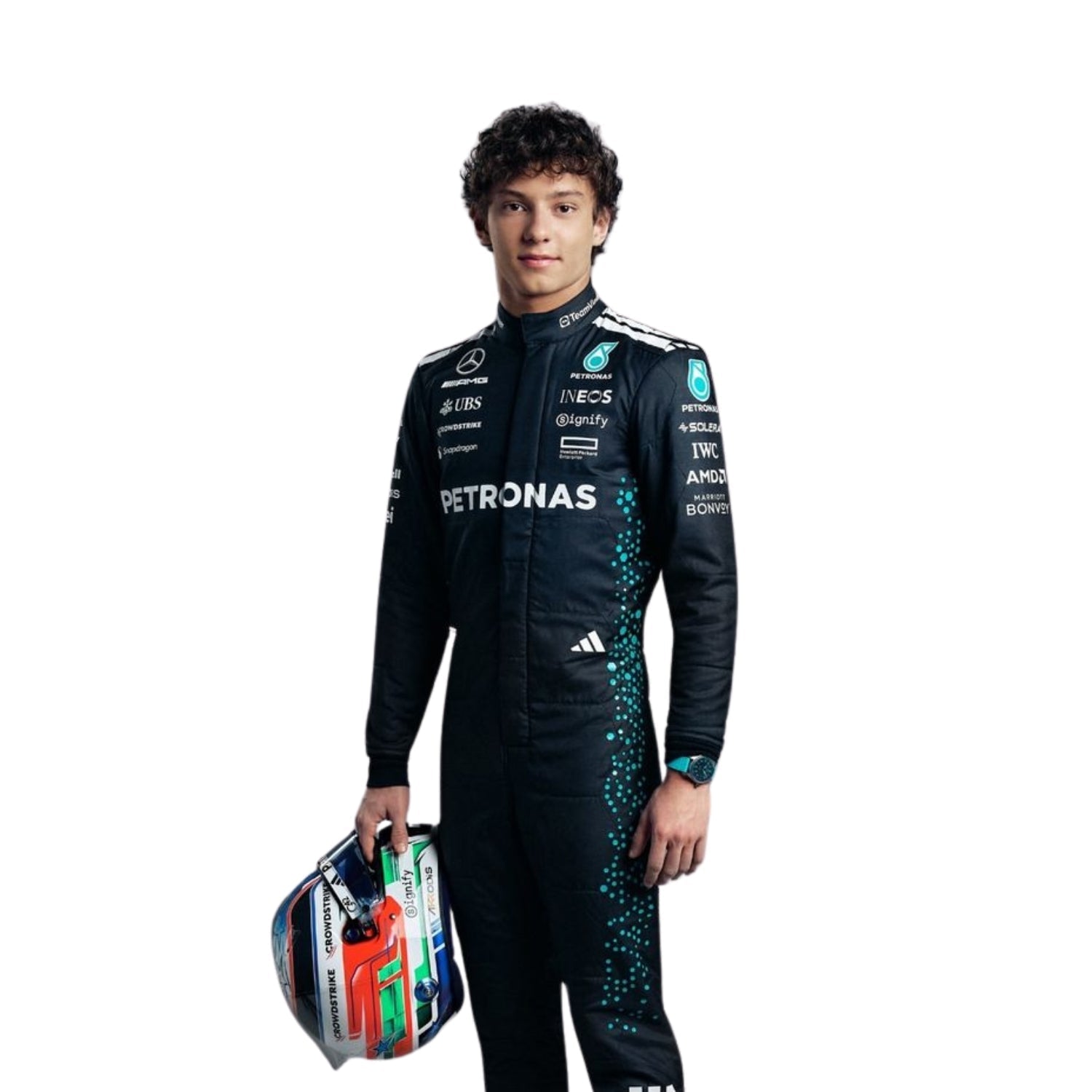 Front profile of Andrea Kimi Antonelli in his 2025 Formula 1 racing suit, displaying the ergonomic fit and the interplay of black and neon green fabrics, enhanced by subtle detailing along the side seams.