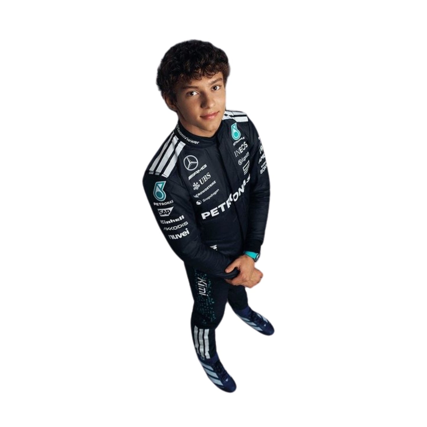 Close-up of Andrea Kimi Antonelli's 2025 Formula 1 racing suit material, illustrating the high-quality fabric texture 