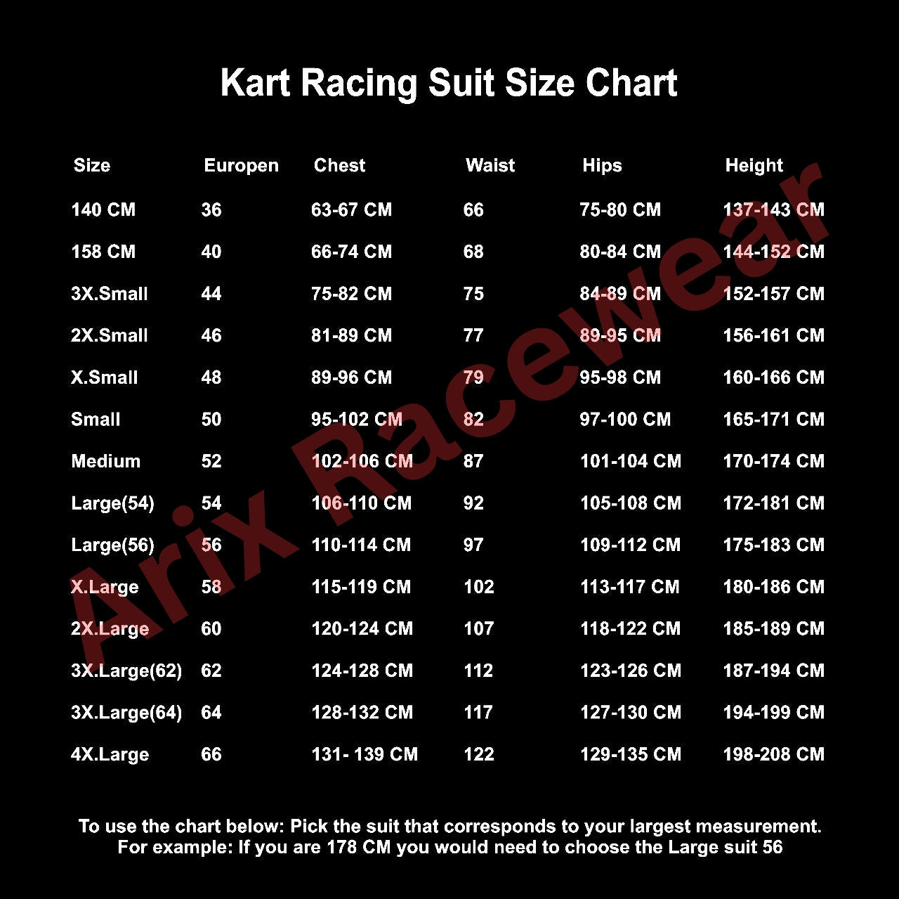 Arix Racewear Kart Racing Suit Size Chart with measurements 