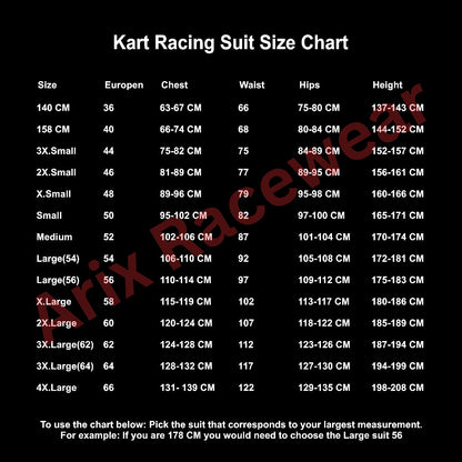 Arix Racewear Kart Racing Suit Size Chart with measurements 