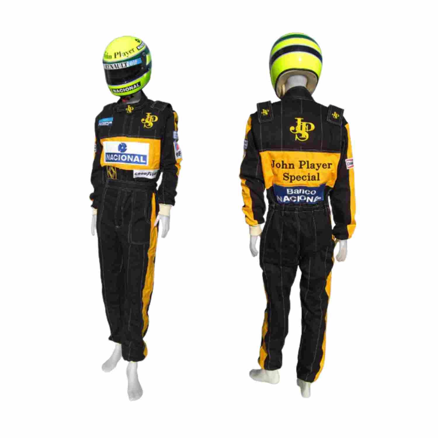 Front view of Ayrton Senna's 1985 F1 racing suit in bright red with white sponsor patches, capturing his iconic style and fearless attitude on the track and Back of the 1985 F1 racing suit worn by Ayrton Senna, featuring vintage design elements, classic sponsor logos, and the bold red and white color combination.