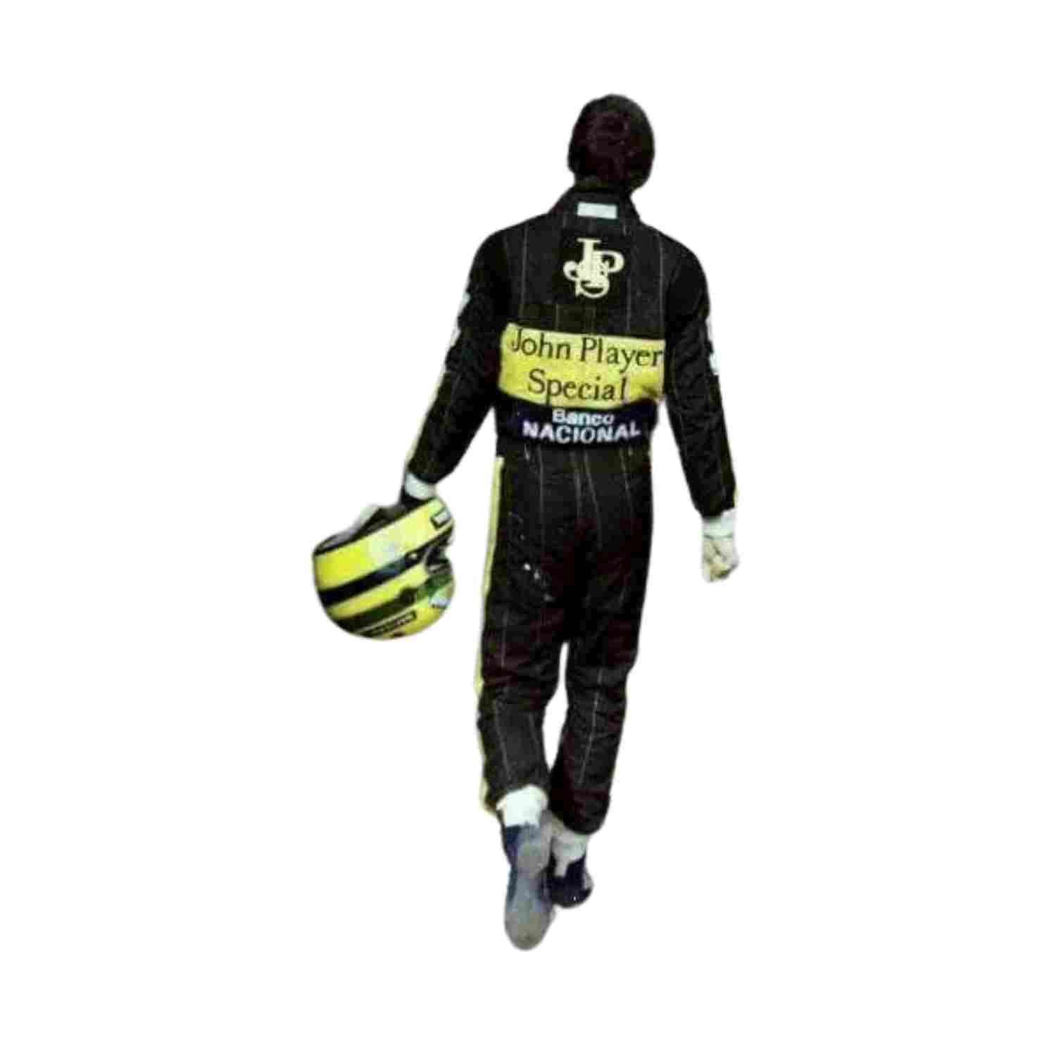 Back of the 1985 F1 racing suit worn by Ayrton Senna, featuring vintage design elements, classic sponsor logos, and the bold red and white color combination.