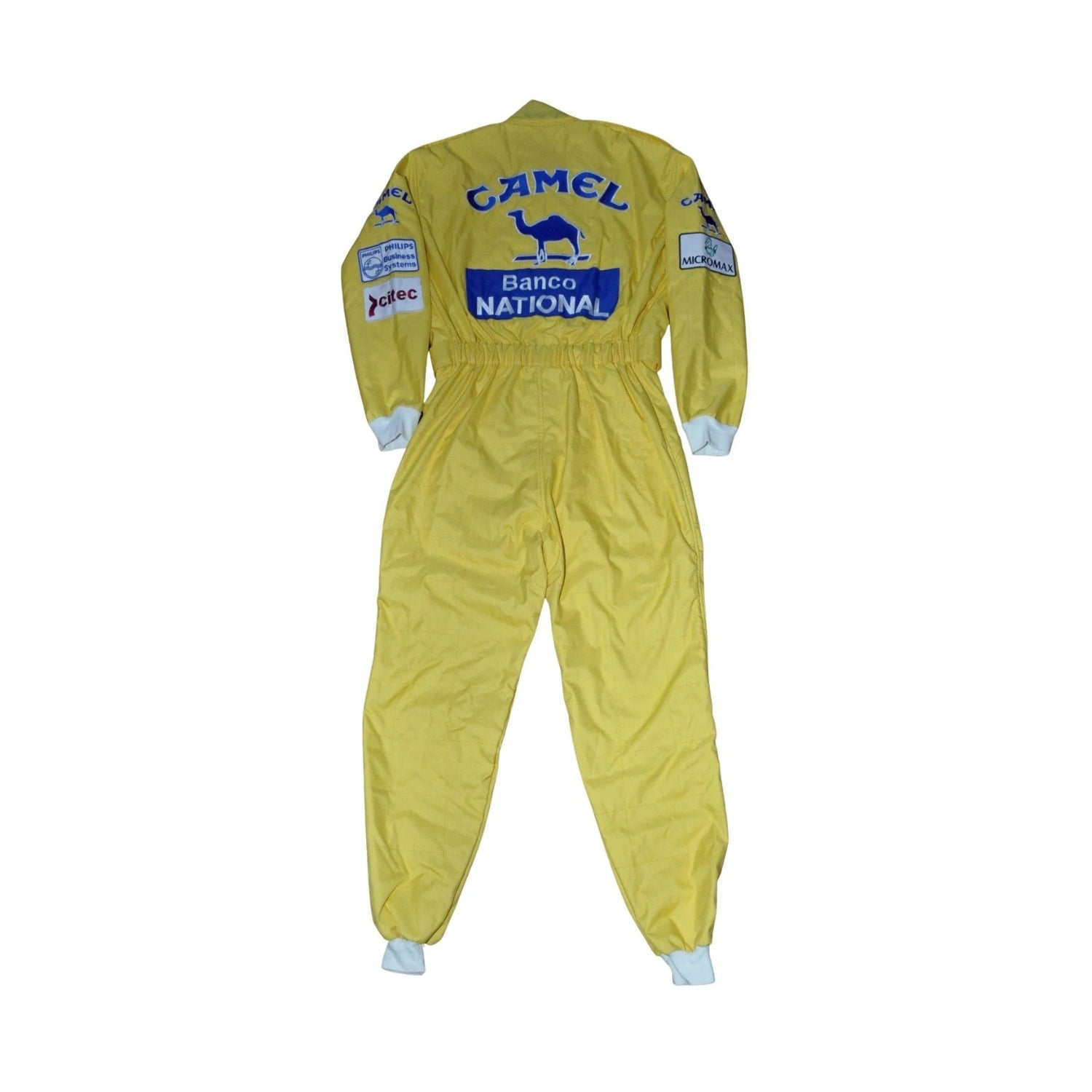 Back of Ayrton Senna's 1987 F1 suit, featuring a striking yellow base with vivid green detailing, designed for performance during a defining season.