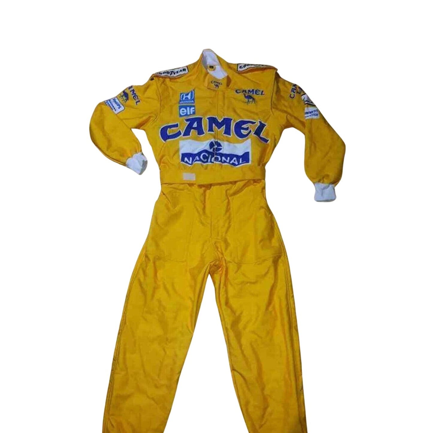 Front view of Ayrton Senna's 1987 F1 racing suit in bold yellow with green and blue accents, reflecting his Brazilian pride and dynamic racing style.