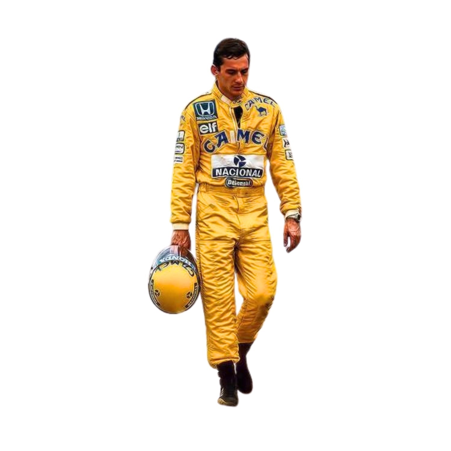 Front view of Ayrton Senna's 1987 F1 racing suit in bold yellow with green and blue accents, reflecting his Brazilian pride and dynamic racing style.