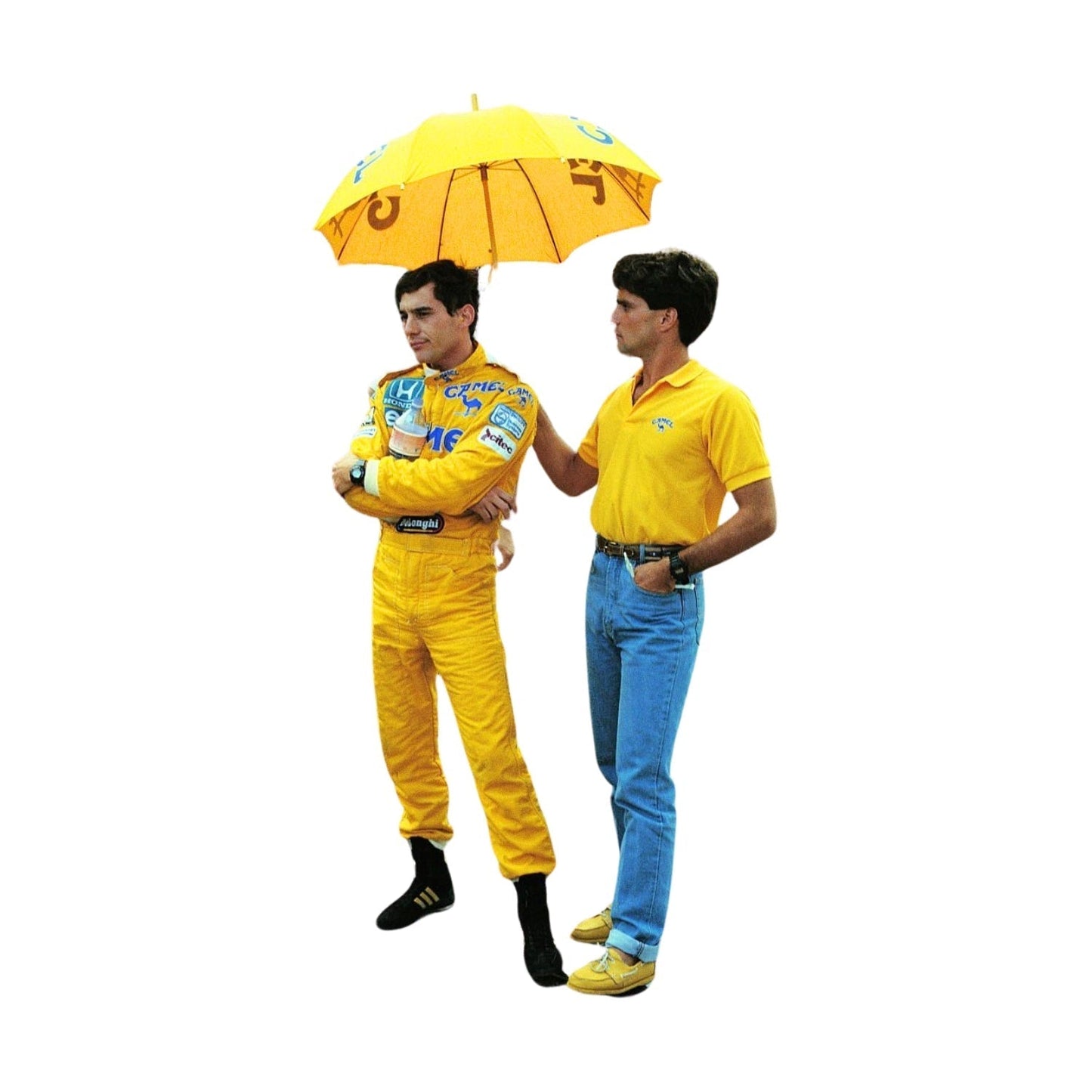 Side profile of Ayrton Senna's 1987 F1 racing suit, showcasing aerodynamic design lines, vibrant colors, and sponsor patches symbolic of his 1987 journey.