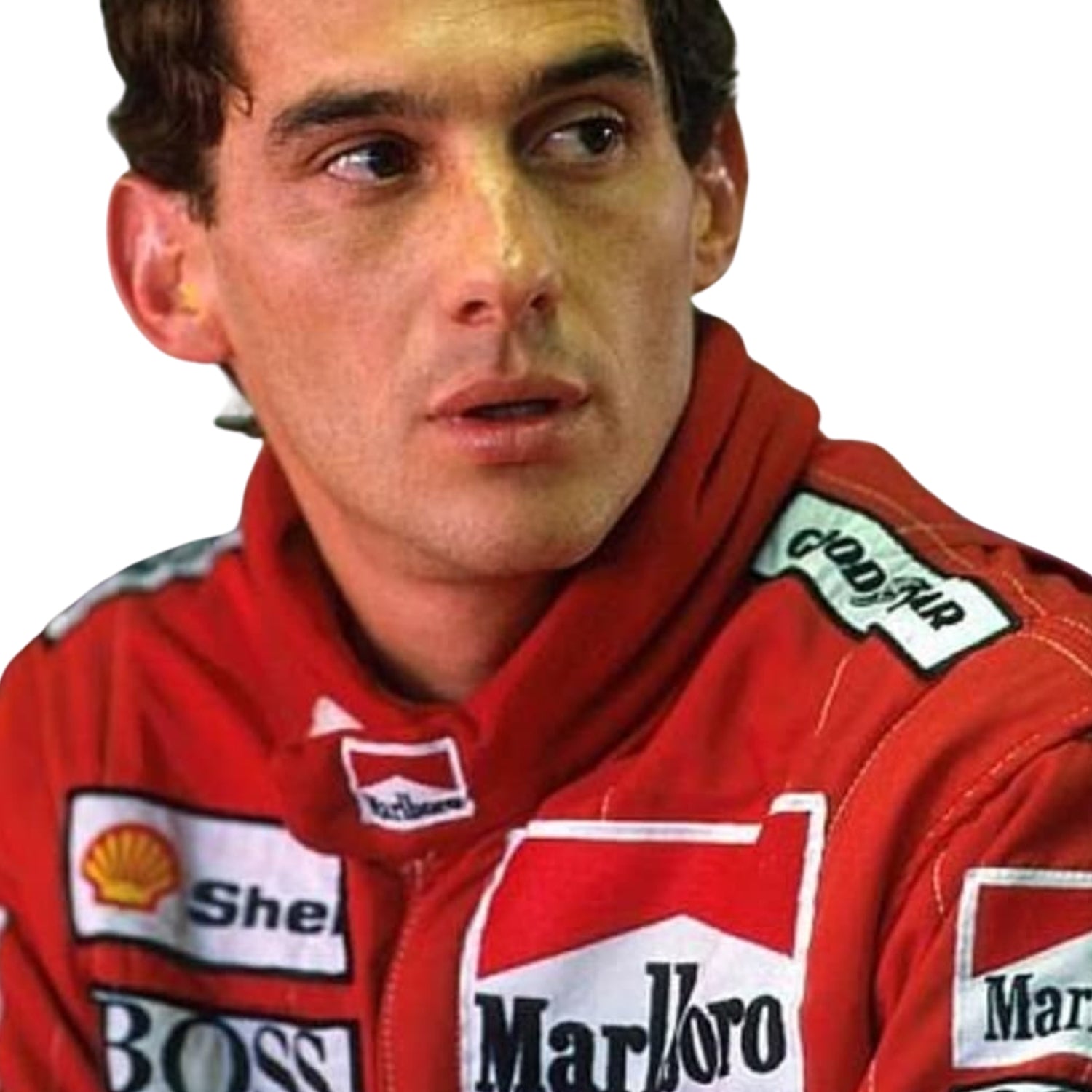 Close-up detail of Ayrton Senna’s 1988 racing suit stitching, premium fabric texture, and historical sponsor logo placements, crafted by Stand21.