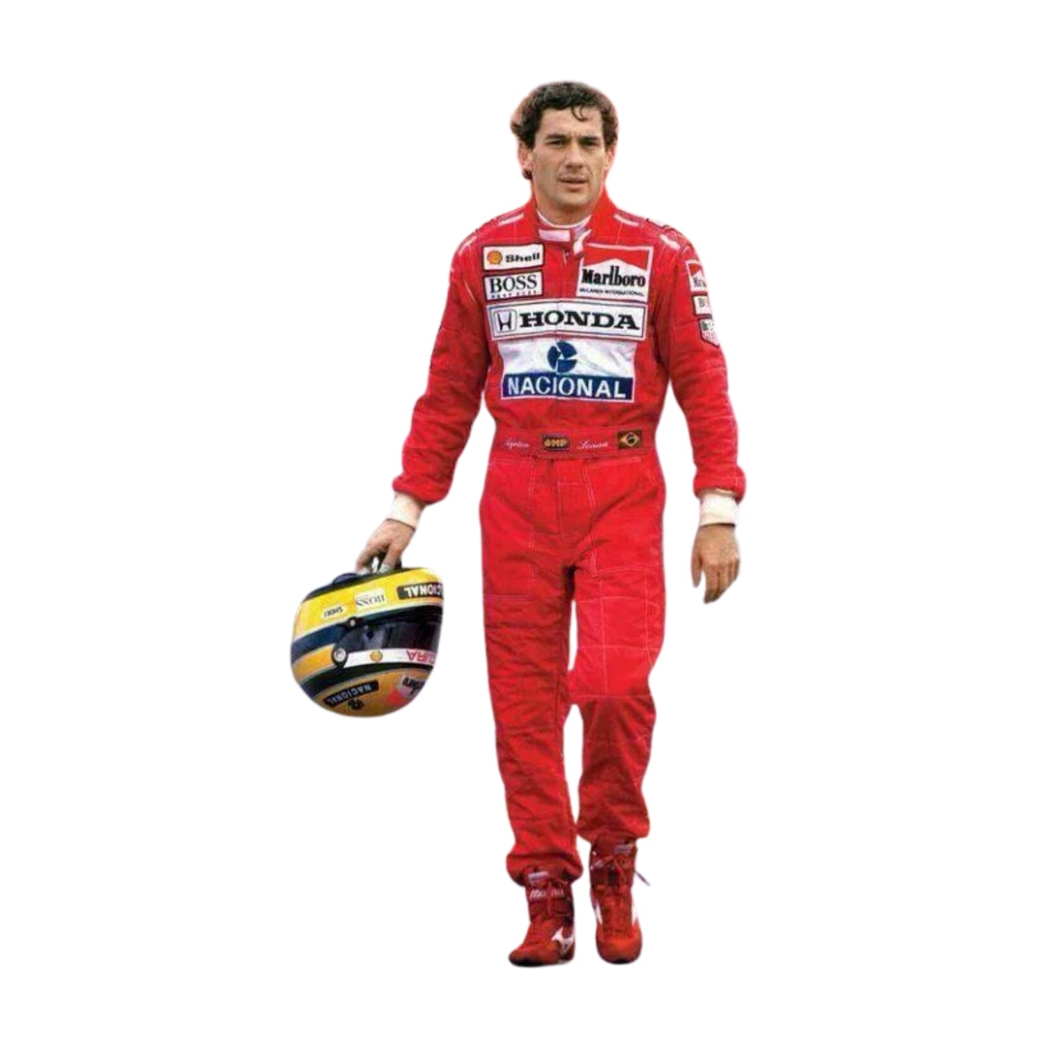 Front view of Ayrton Senna’s 1991 F1 racing suit worn at the United States GP, with iconic red and white design, featuring sponsor logos and race details.