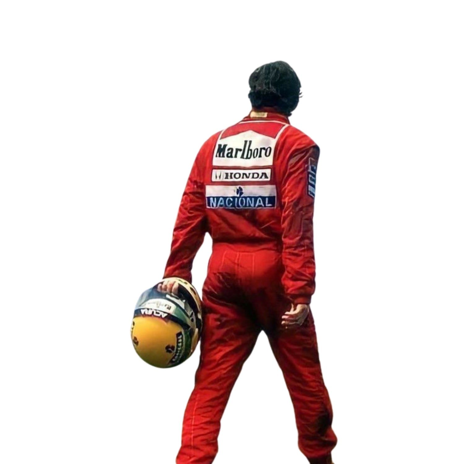 Back view of Ayrton Senna’s 1991 F1 racing suit, showcasing the bold red and white McLaren colors and premium fabric, marking his triumph in the United States GP.