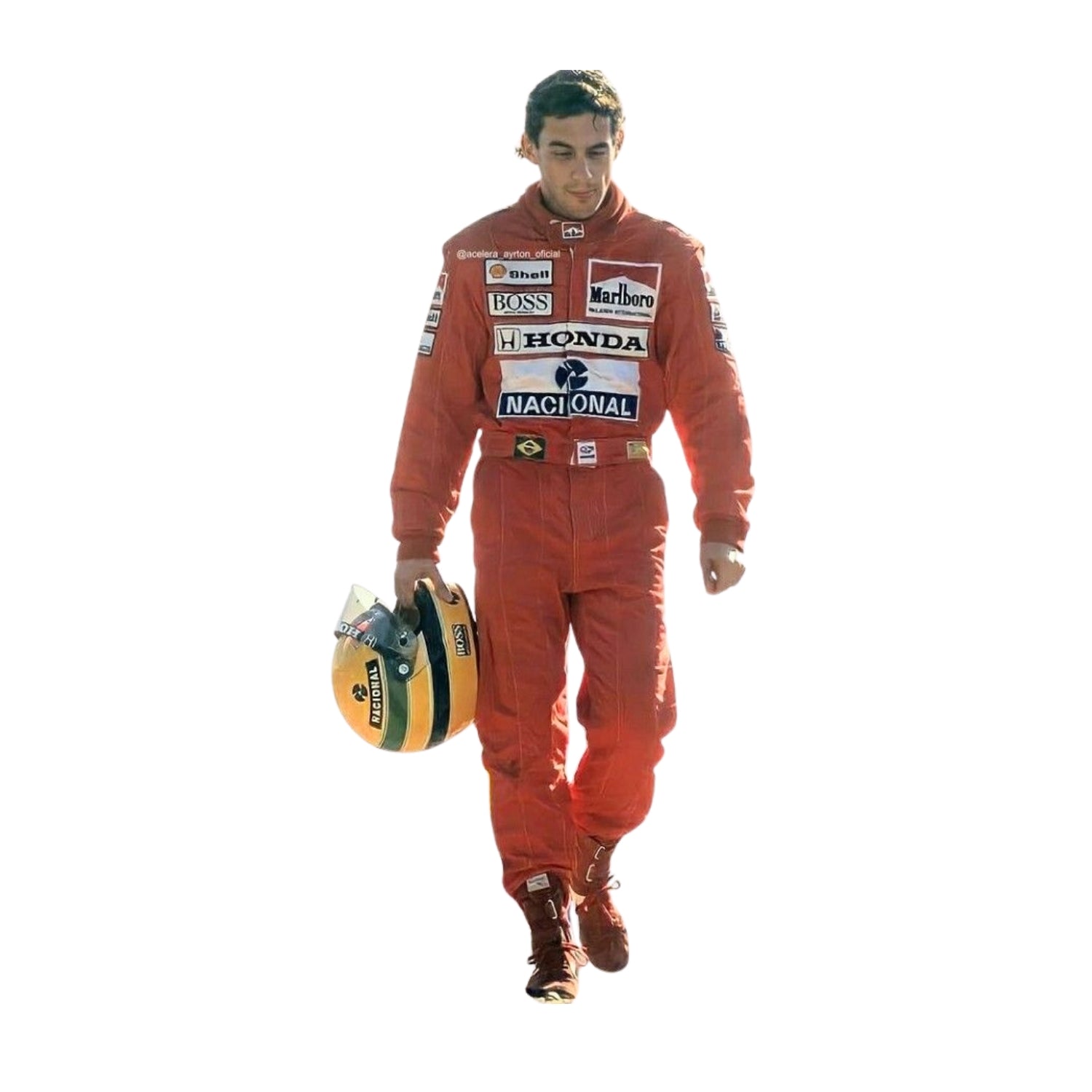 Front view of Ayrton Senna’s 1991 F1 racing suit worn at the United States GP, with iconic red and white design, featuring sponsor logos and race details.