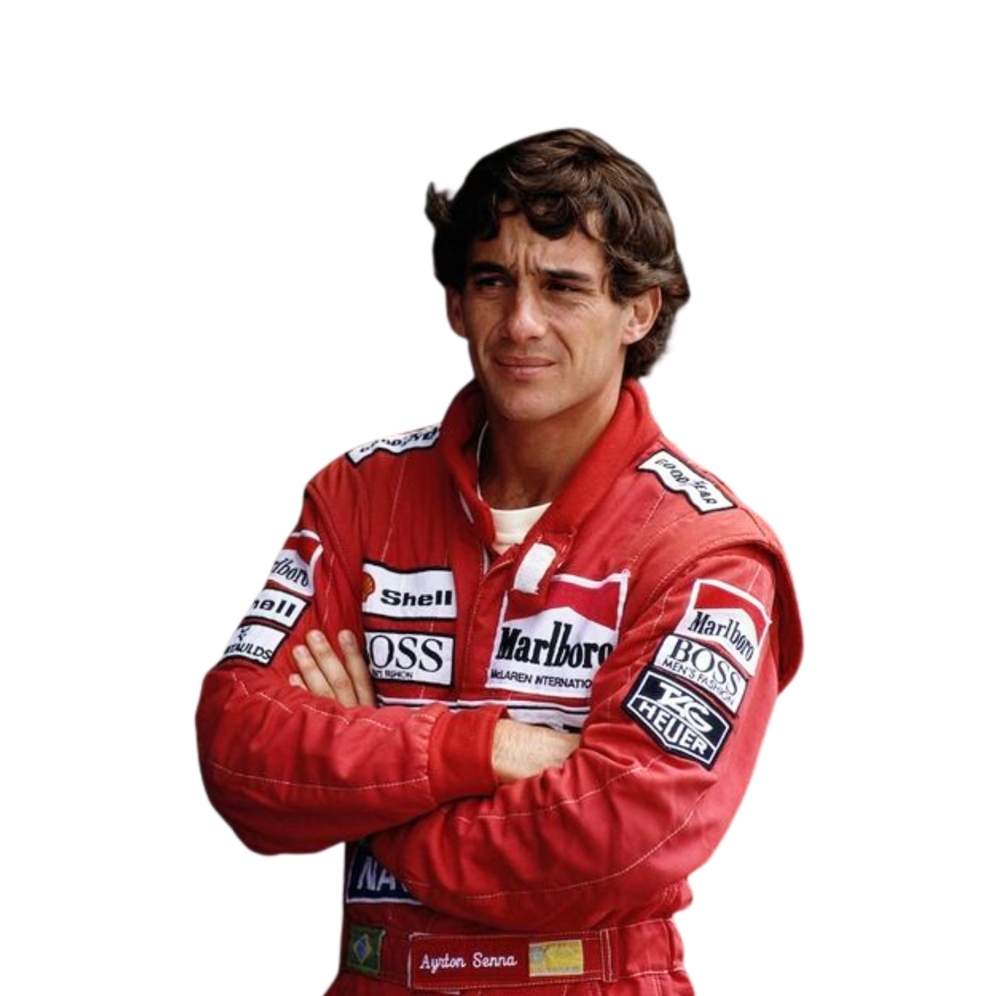 Close-up shot of Ayrton Senna’s 1991 racing suit stitching and sponsor logos, capturing the fine craftsmanship and detail that made this McLaren suit iconic.