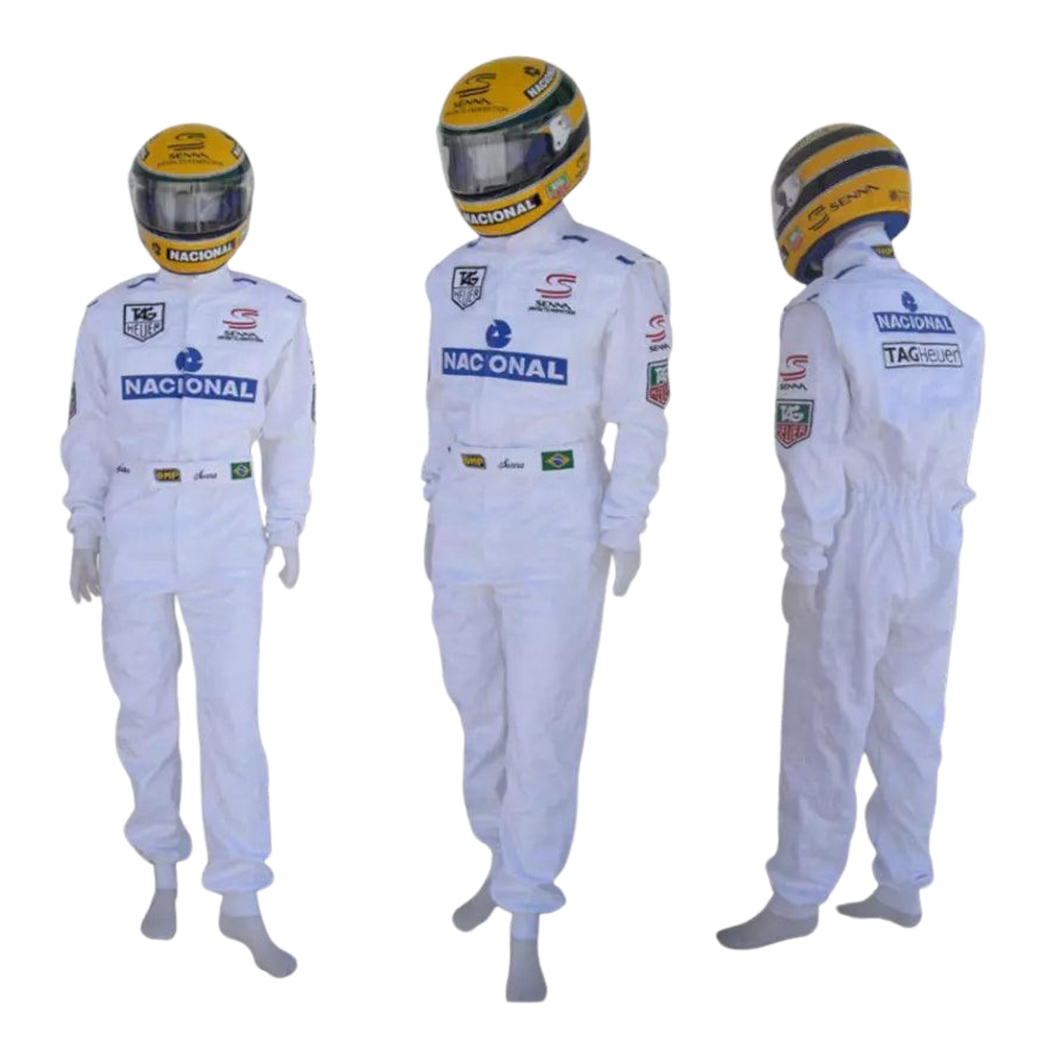 Three view of the 1993 Ayrton Senna Paris Bercy F1 racing suit, featuring a striking red base with bold white and yellow sponsor patches and distinct stitched detailing.