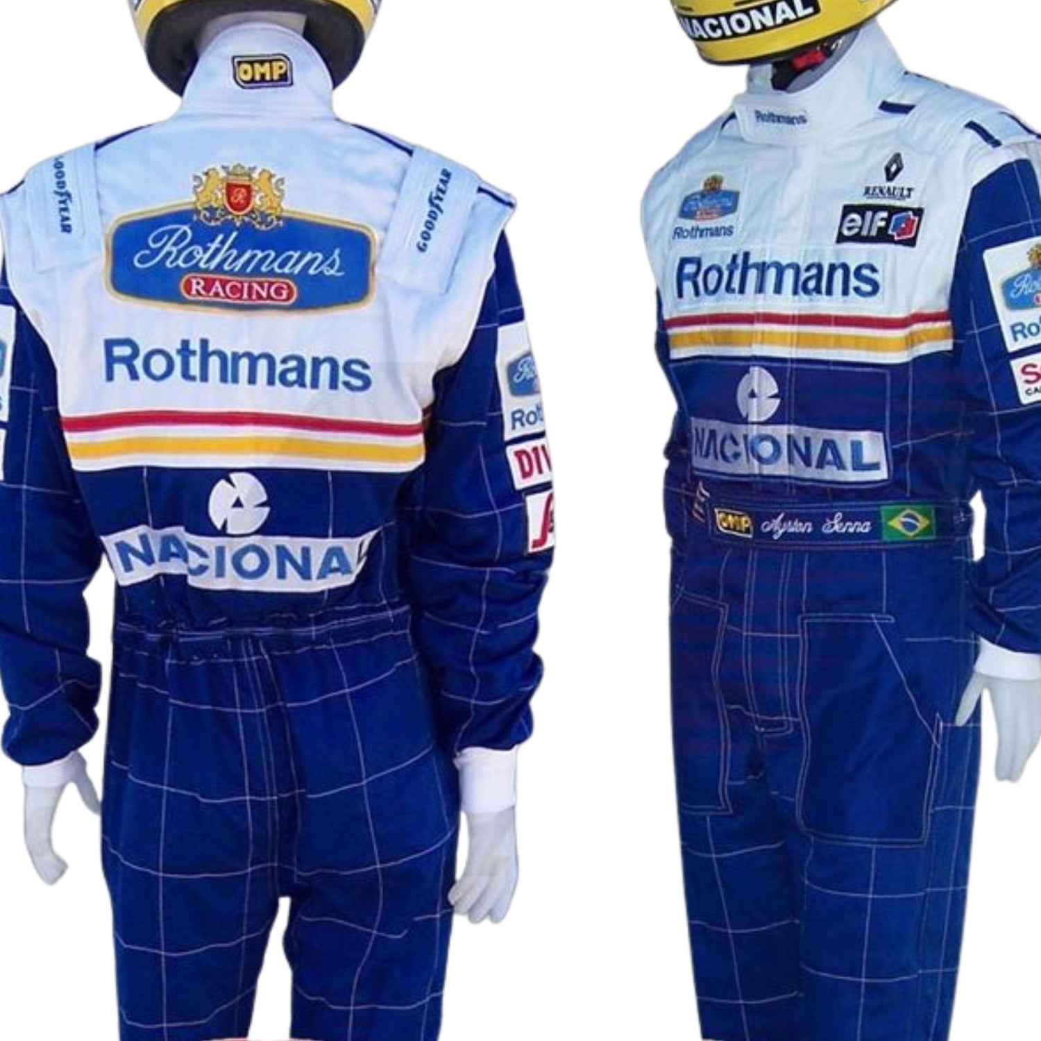 Back view of Ayrton Senna’s 1994 racing suit, showcasing bold sponsor patches and the striking color design, a tribute to his dedication to racing.
Left Side profile of the 1994 racing suit worn by Ayrton Senna, highlighting the sharp, dynamic lines and bold colors that defined his final racing season.