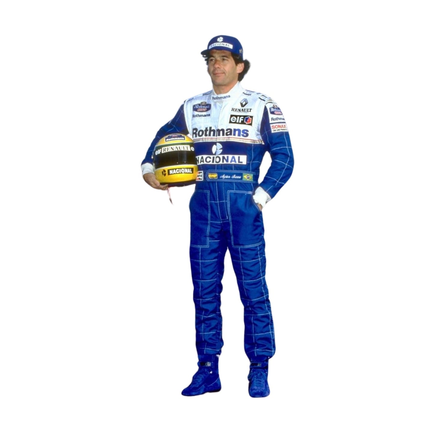 Front view of Ayrton Senna’s 1994 F1 racing suit, featuring his iconic yellow and blue design, reflecting his final season in Formula 1 before his tragic passing.