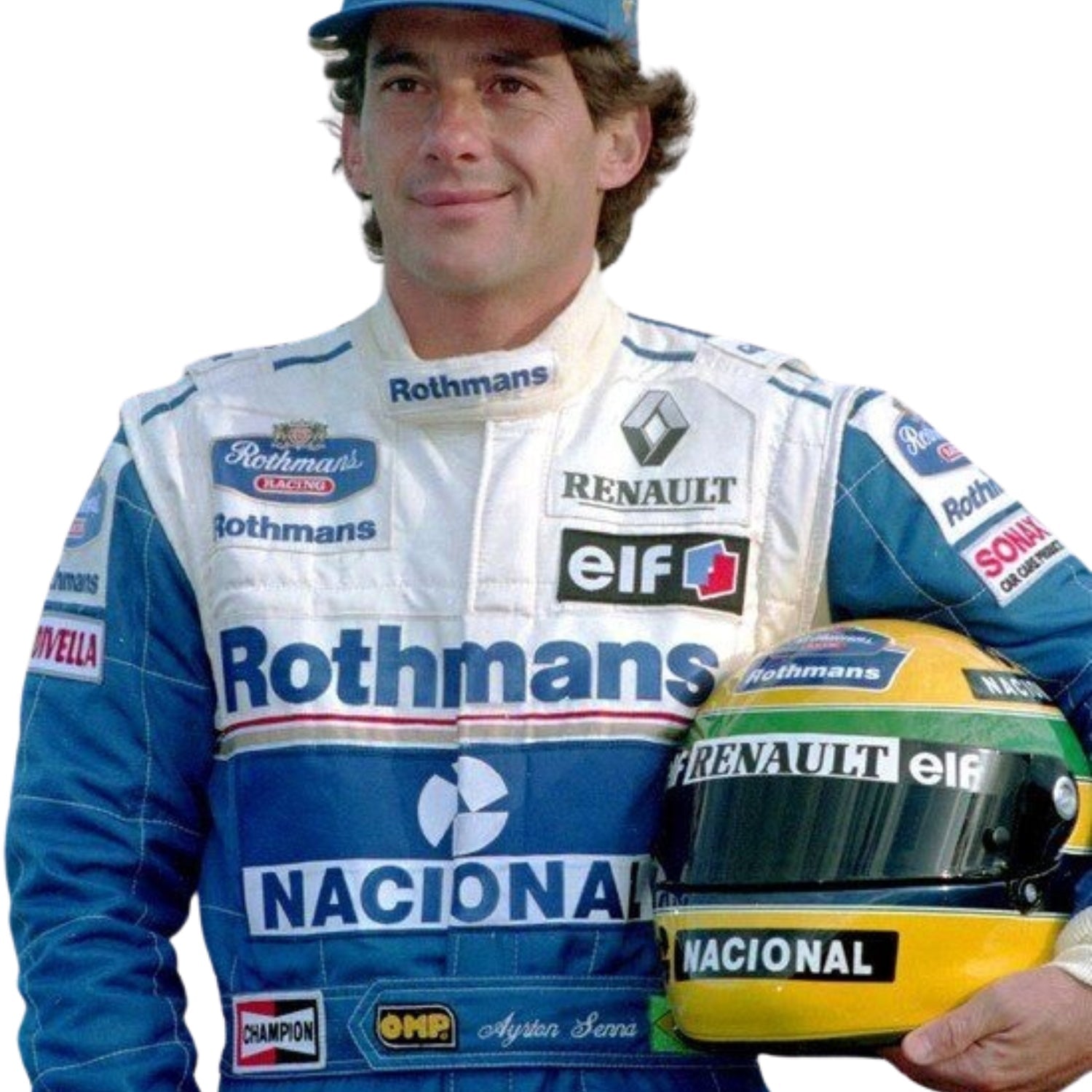 Close-up of Ayrton Senna’s 1994 F1 racing suit, showcasing intricate stitching and vibrant sponsor logos, capturing the legacy of a Formula 1 icon.