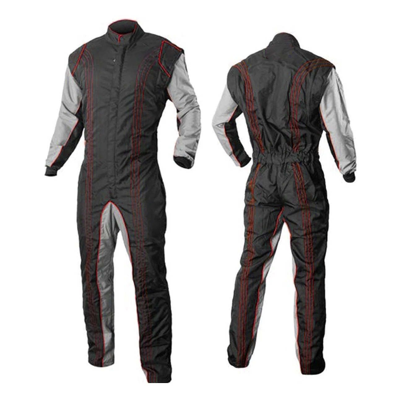 A front and back view of a black and gray go-kart racing suit with red accents, featuring a full zipper, elasticated cuffs, and a fine collar with Velcro.