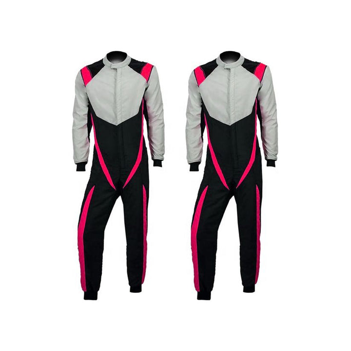 Two views of a black and gray racing suit for go karting with pink accents, featuring a full zip and elasticated cuffs.