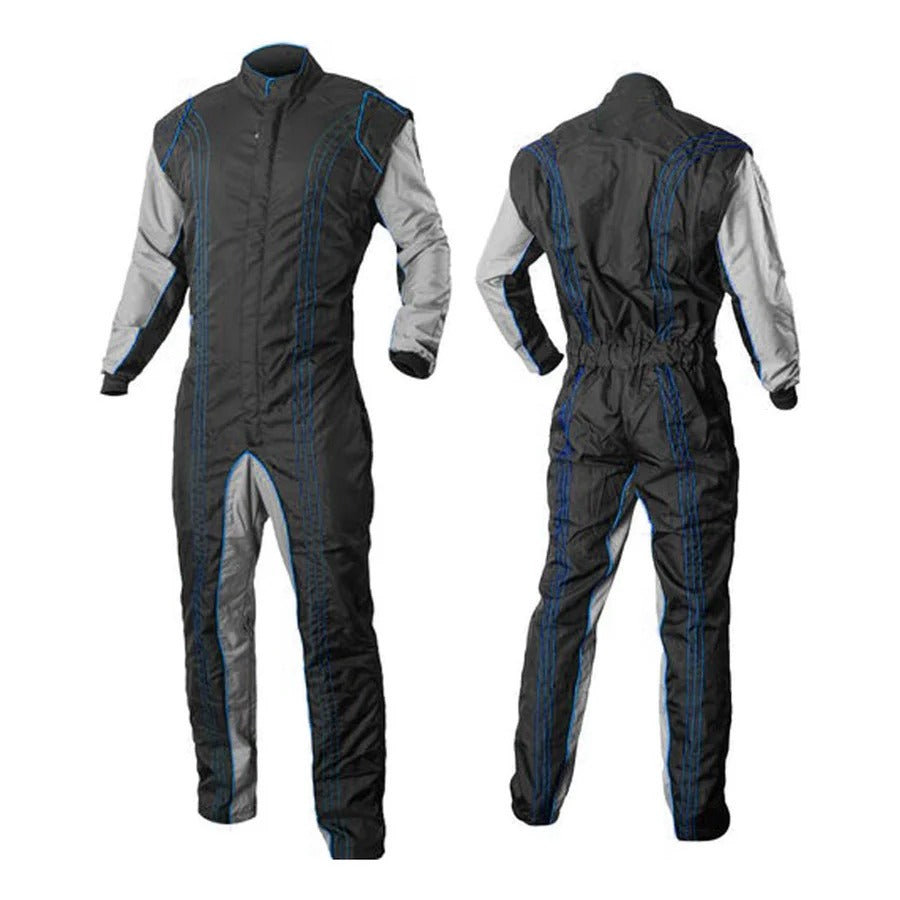 A black kart racing suit with blue accents, designed for both men and women, featuring a full zip and elasticated cuffs, displayed in both front and back views.