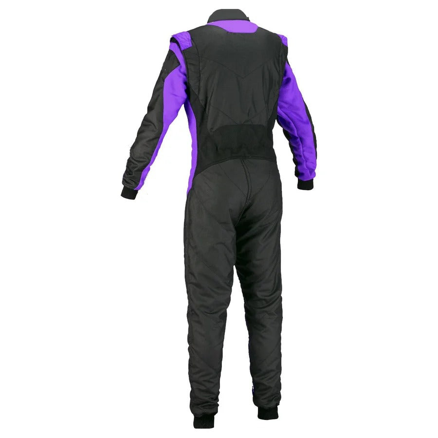 Back view of black and purple go-kart suit showing contrast color panels and ventilation design.