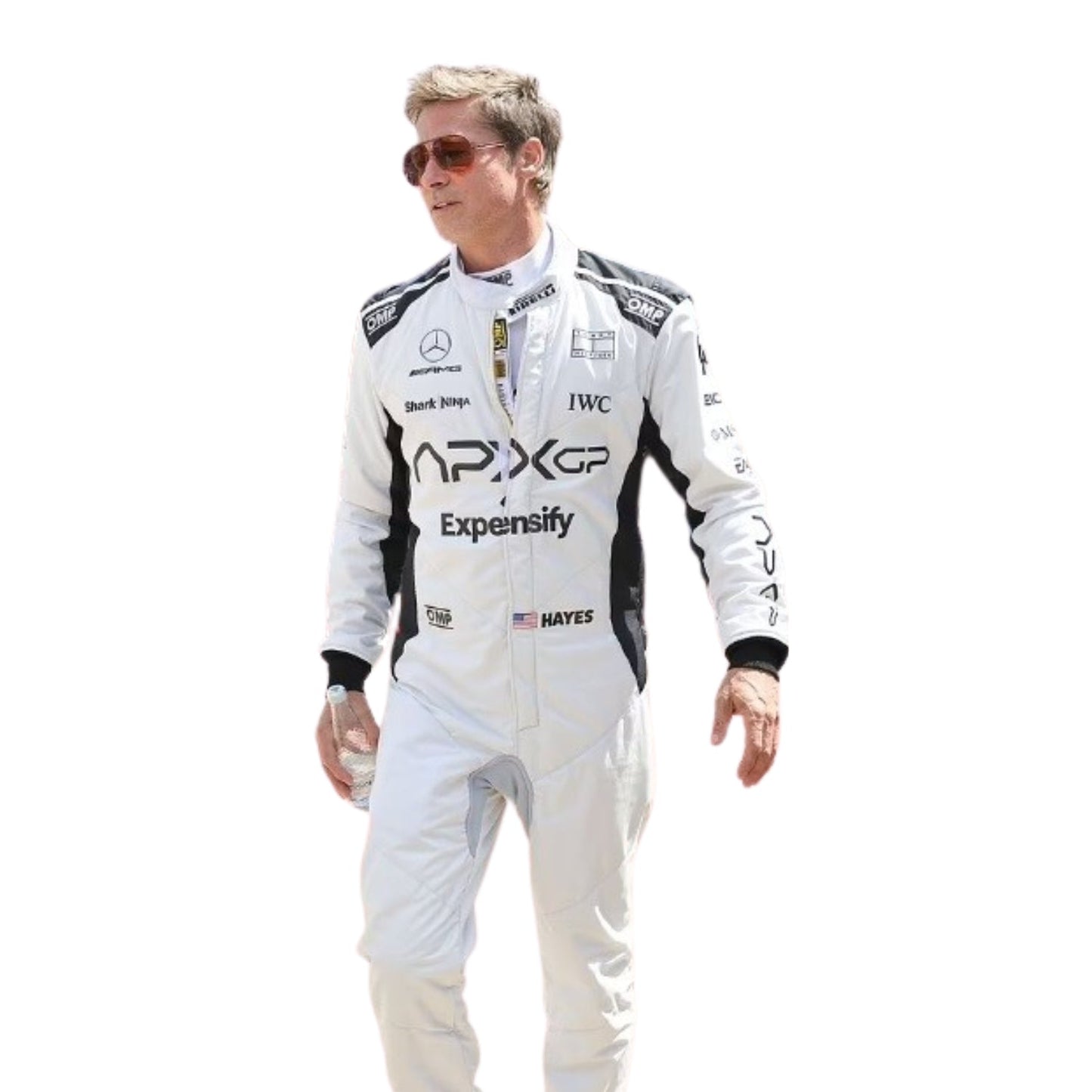 Detailed close-up of Brad Pitt 2025 F1 The Movie racing suit fabric and finishing