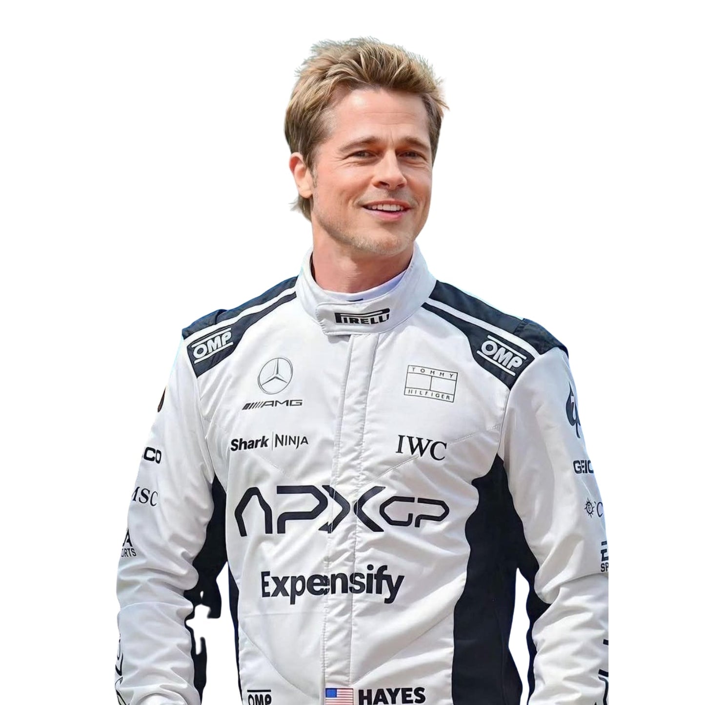 Detailed close-up of Brad Pitt 2025 F1 The Movie racing suit fabric and finishing